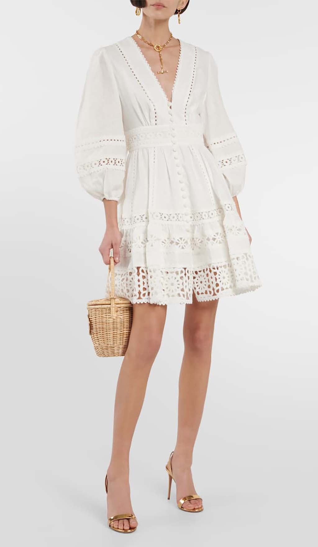 Fashionslee Women Plunging Neck Lace Mini Dress In White