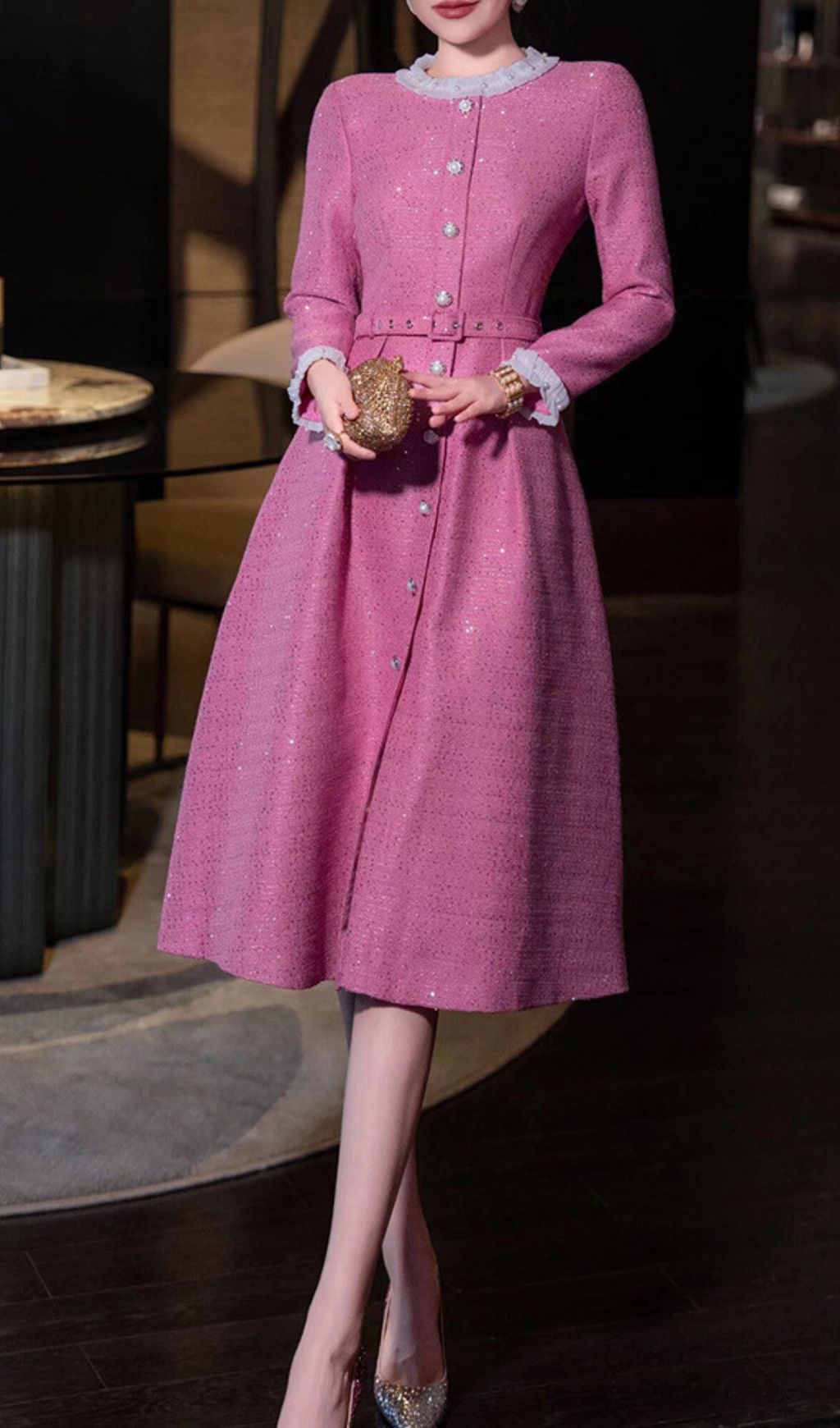 Fashionslee Women Hong Pink Long Sleeve Midi Dress