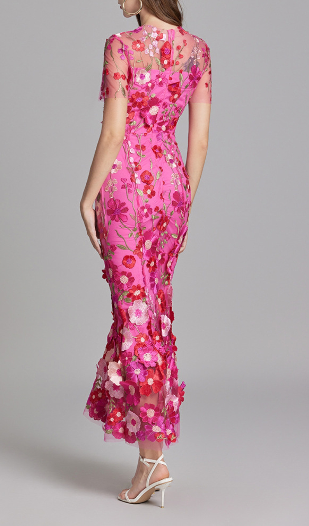 Fashionslee Women Carol Rose Red Floral Embroidery Mesh Fishtail Midi Dress