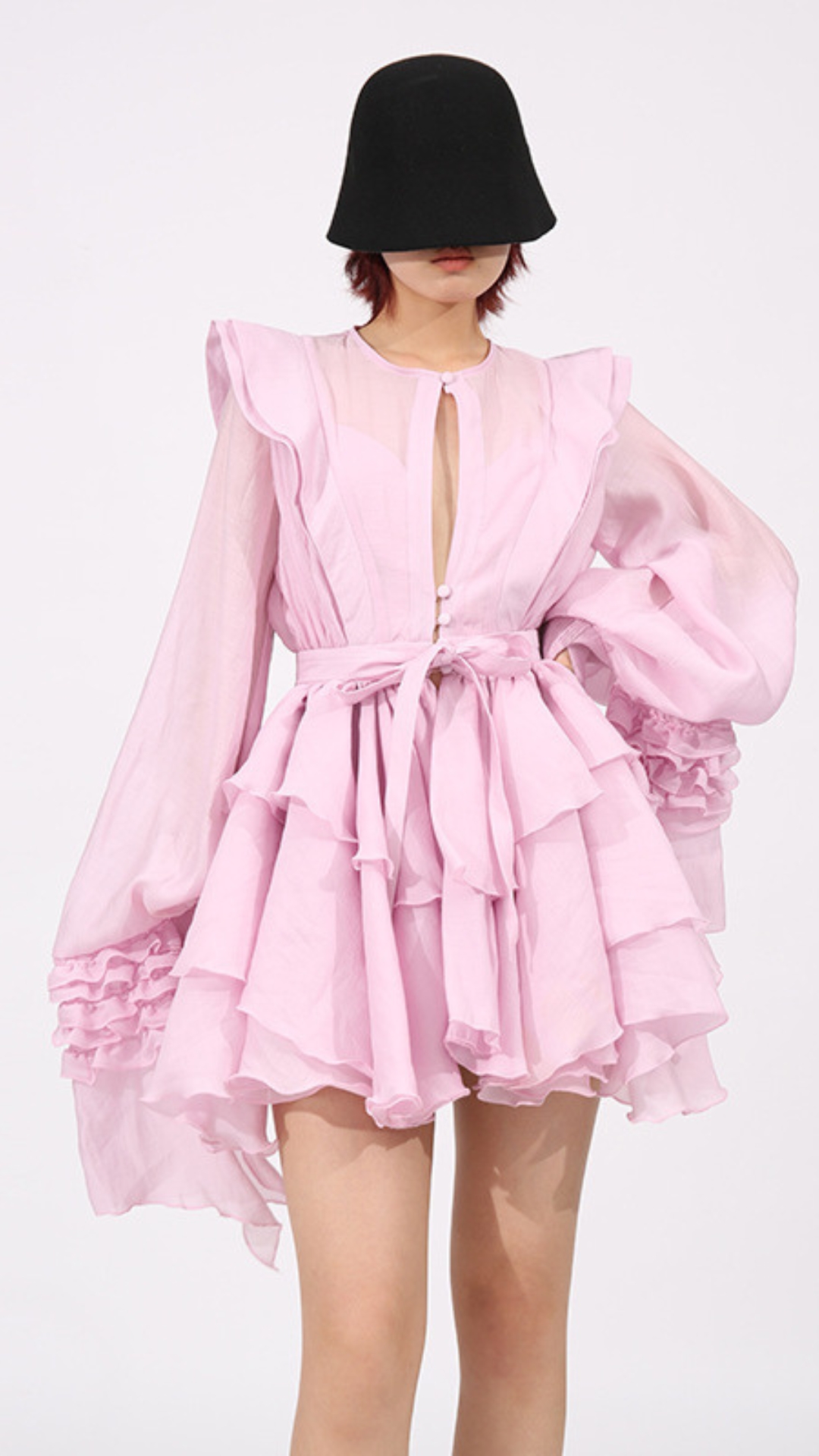 Fashionslee Women Fleur Pink Long Sleeve Ruffle Mini Dress