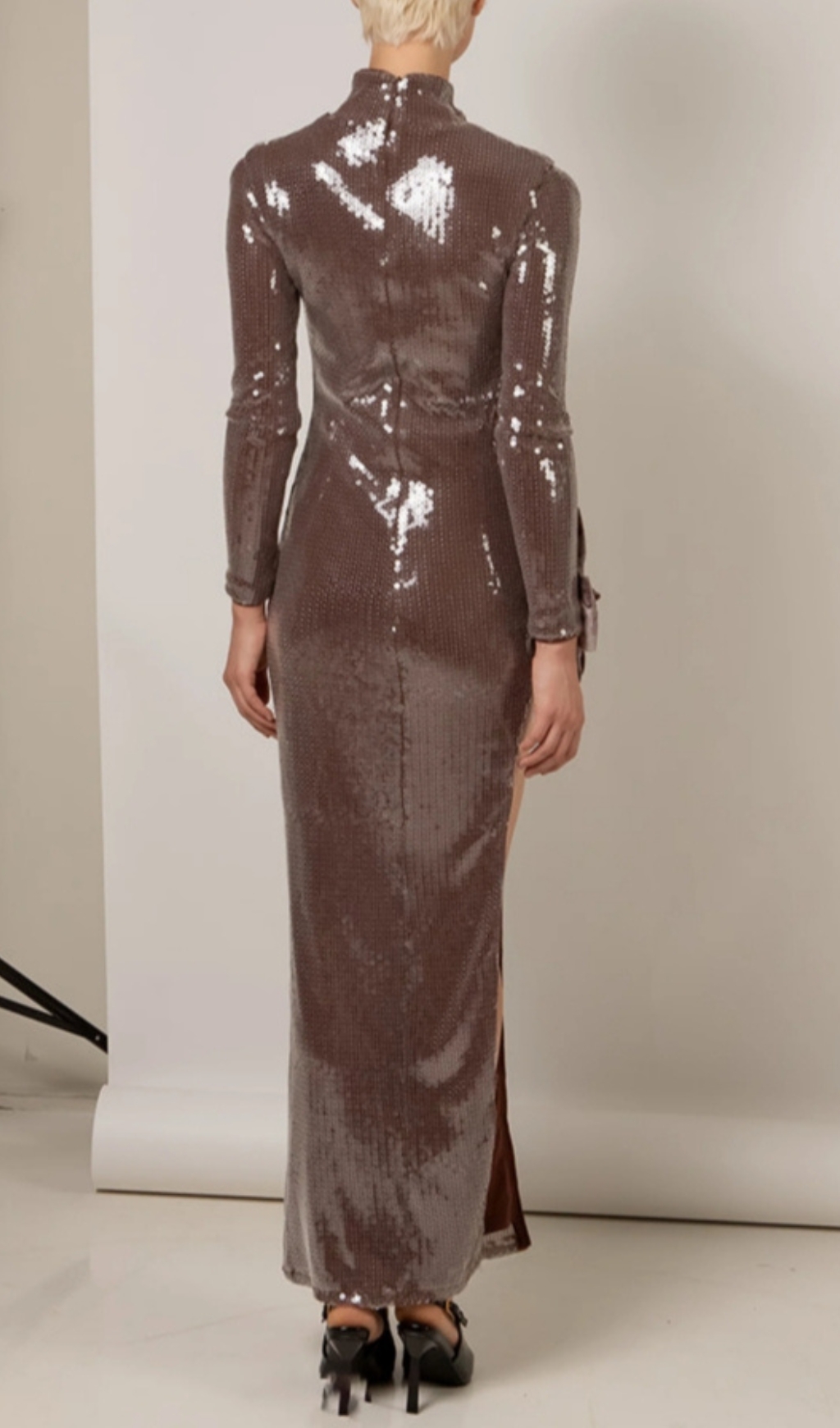 Fashionslee Women Bash Brown Long Sleeve Bow Sequin Maxi Dress