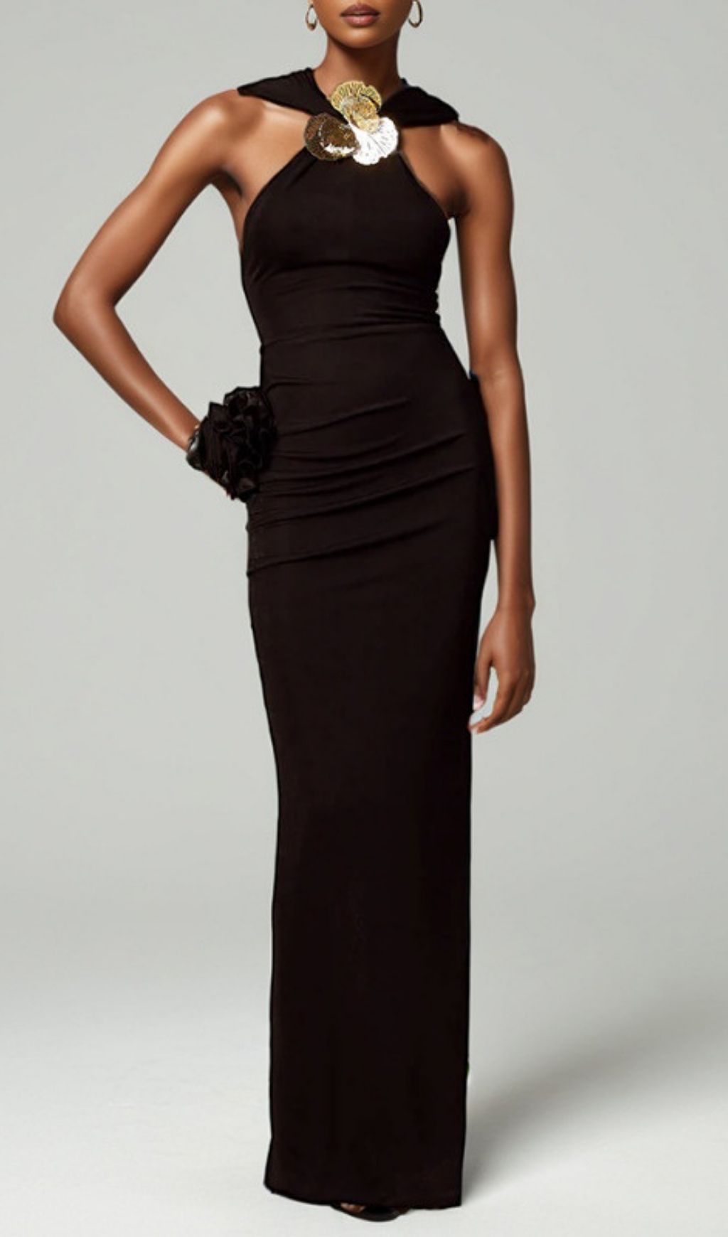 Fashionslee Women Jyn Black Halter Flower Maxi Dress