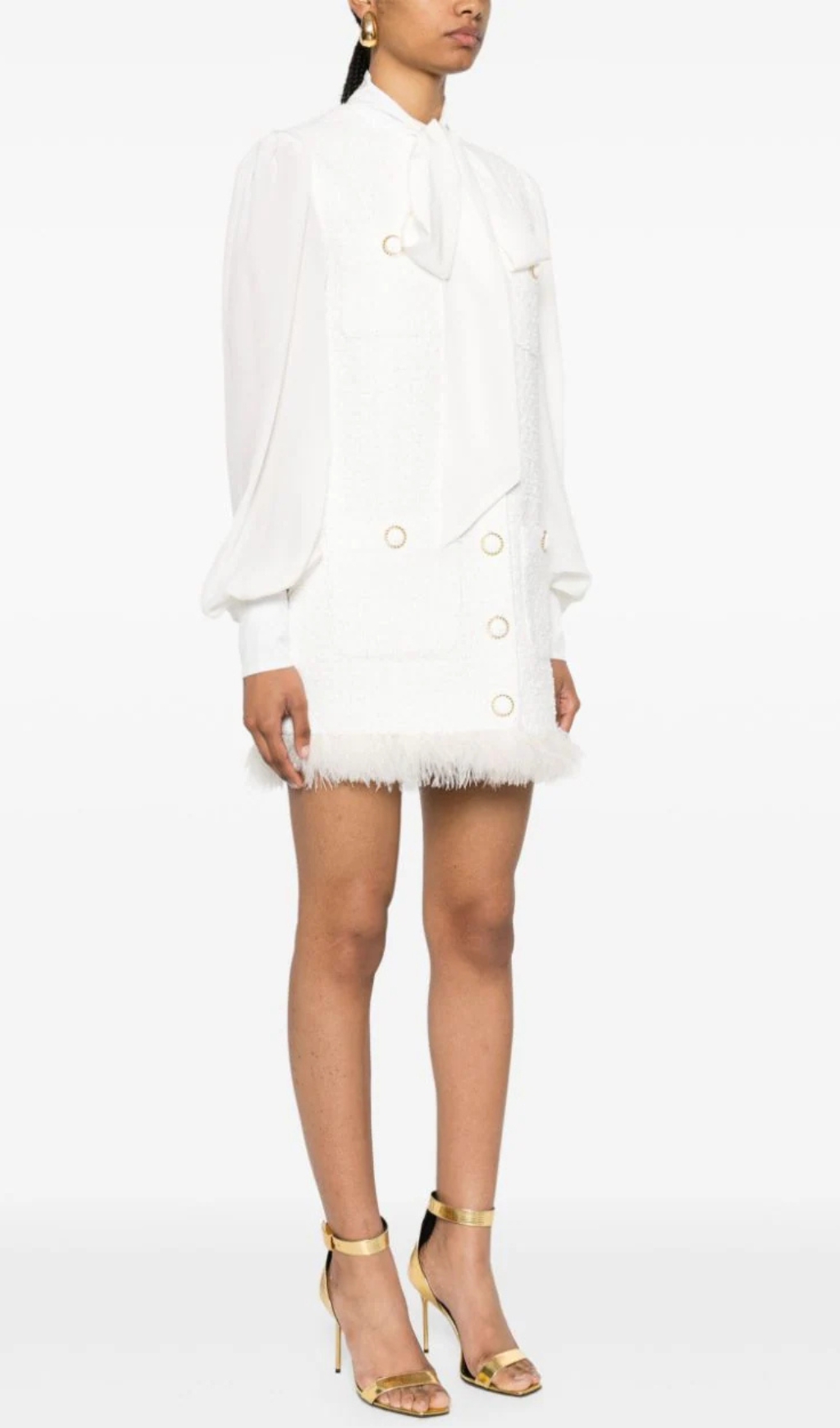 b47caded13166667610268d9de4a16be.jpg Fashionslee Women Bush White Feather-Trim Tweed Mini Dress