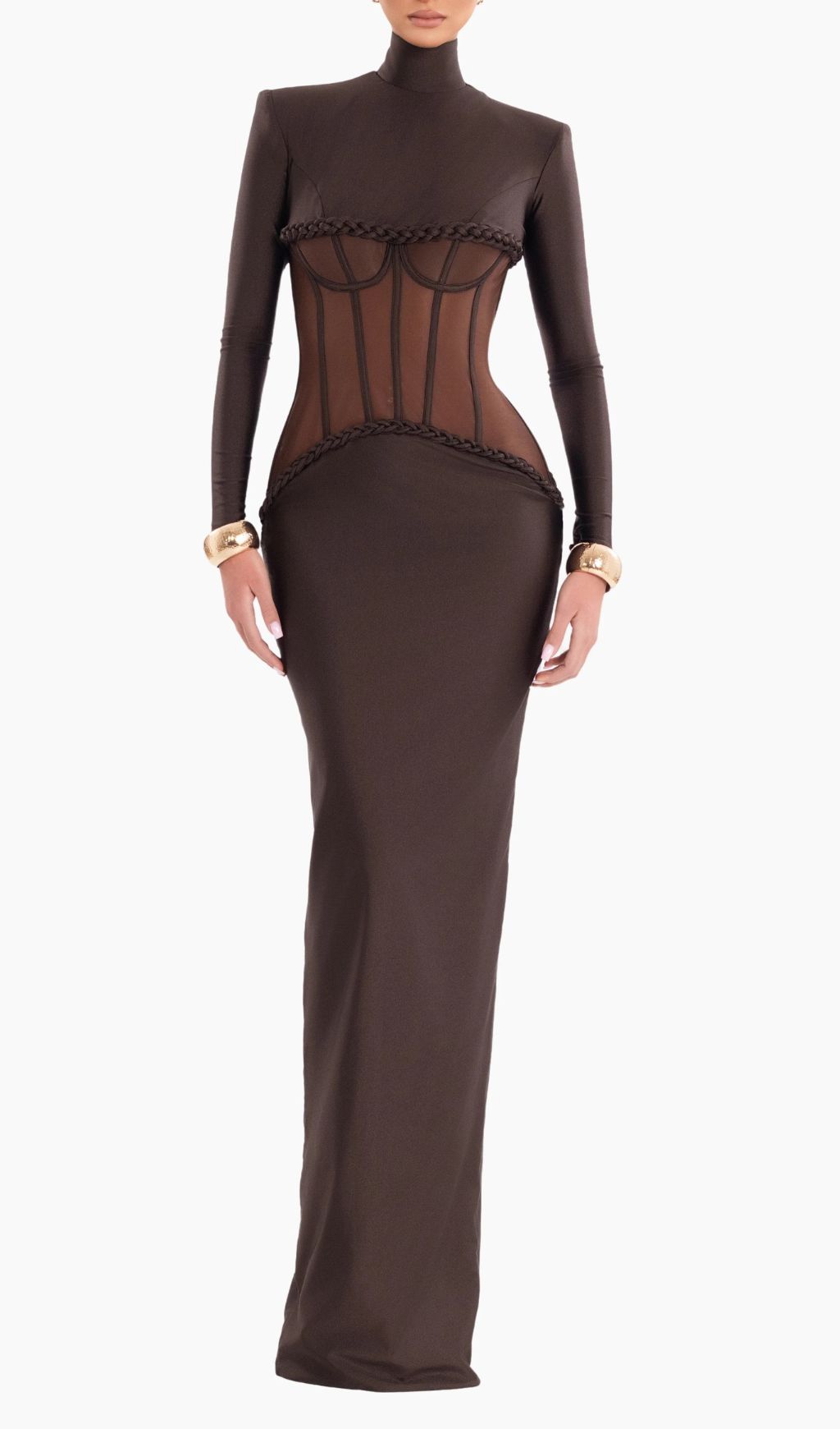 Fashionslee Women Gravity Coffee Corset Long Sleeve Maxi Dress