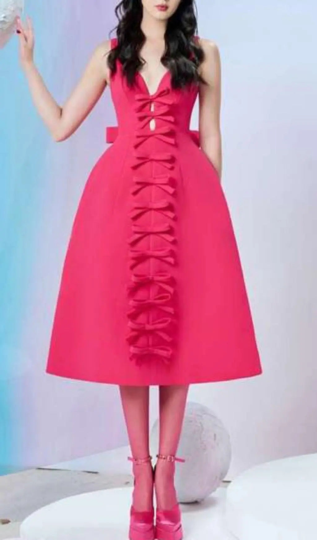 Fashionslee Women Pink Bowknot Strappy Midi Dress