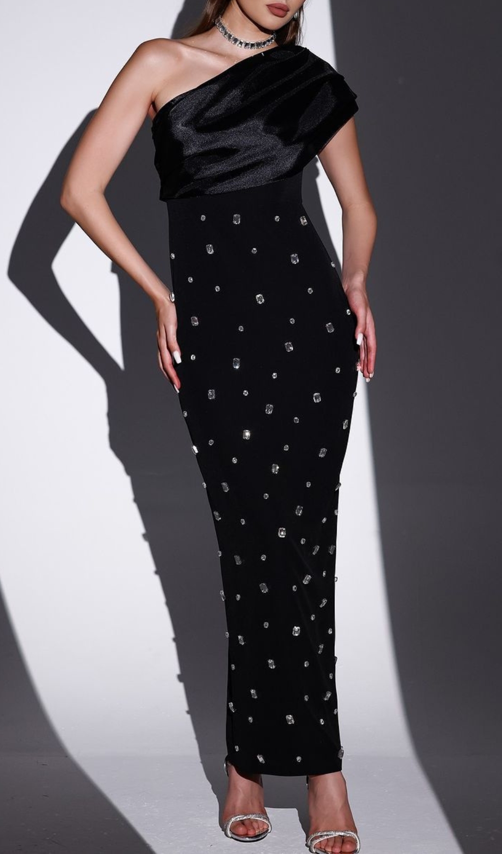 Fashionslee Women Camille One Shoulder Crystal Bandage Maxi Dress