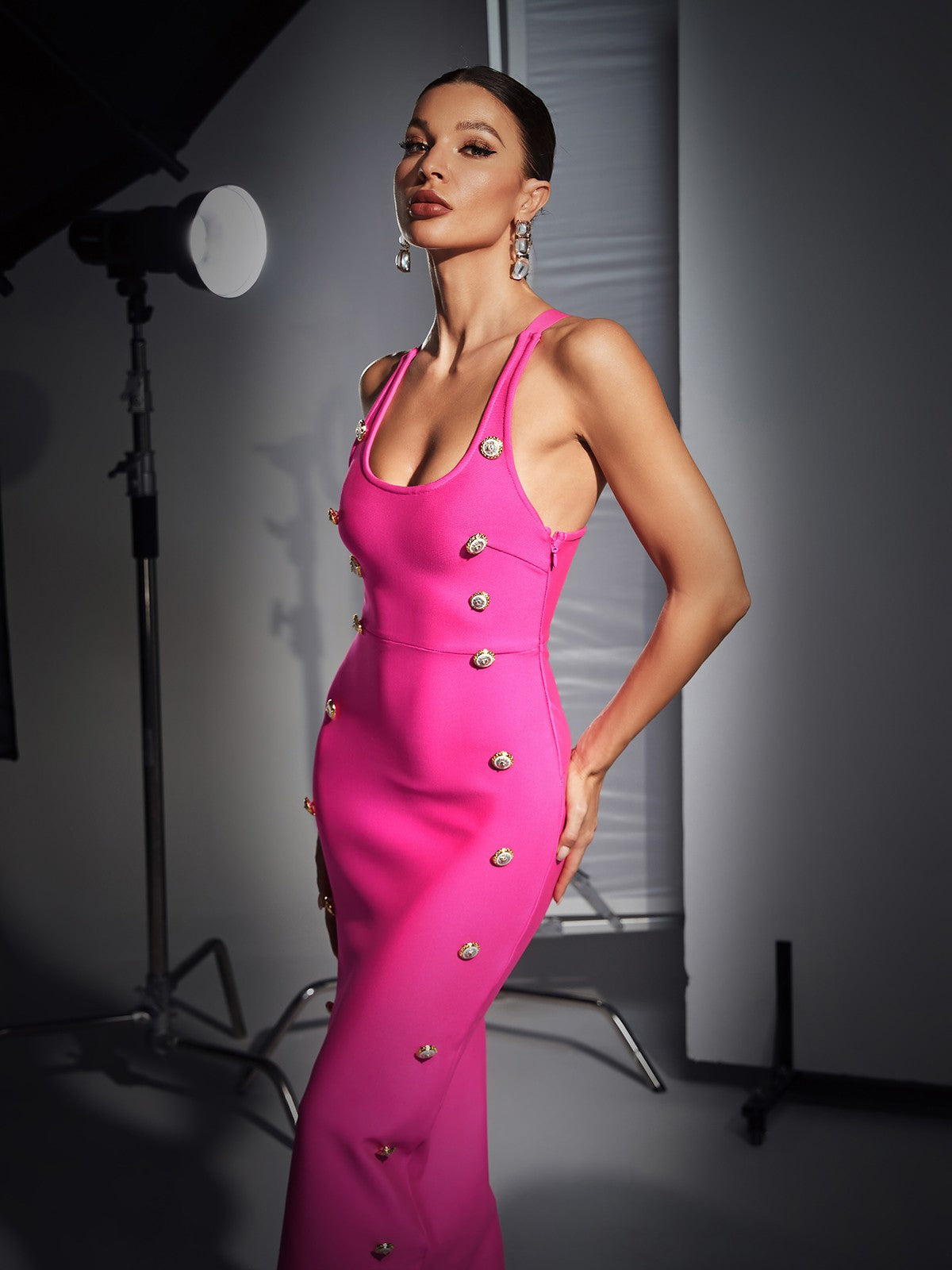 b4c7e95691a4584c7d3ecbf2ec0b7cae.jpeg Fashionslee Women Button Embellished Bandage Dress In Hot Pink