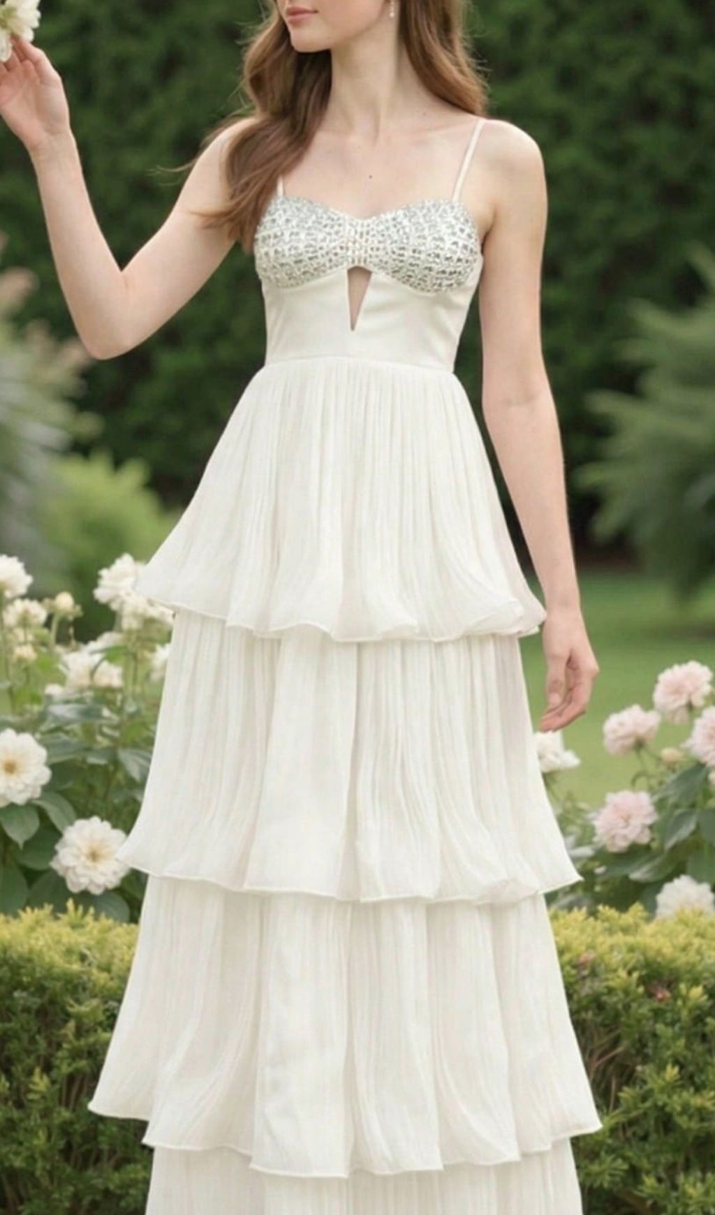 Fashionslee Women Katherina White Strappy Diamante Layered Maxi Dress