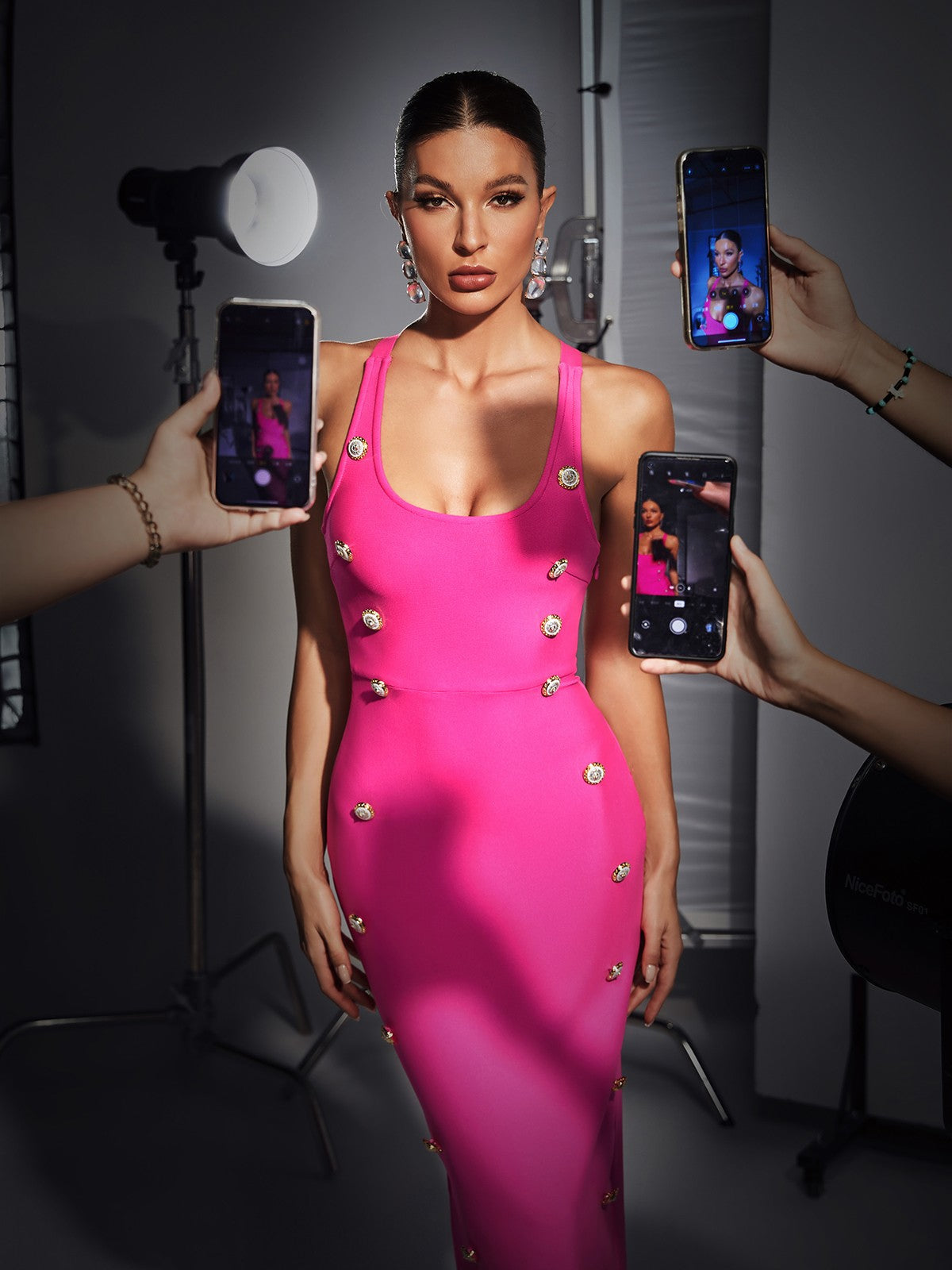 b545c15f0b3bea0247be729ed2474065.jpeg Fashionslee Women Button Embellished Bandage Dress In Hot Pink