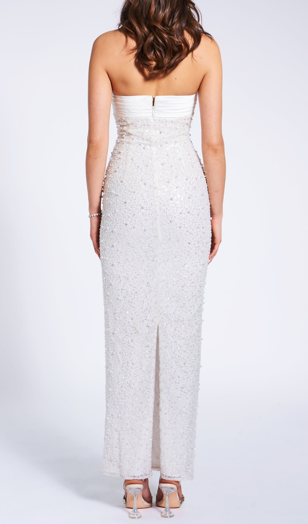 Fashionslee Women Alazne White Sequin Pearl Maxi Dress