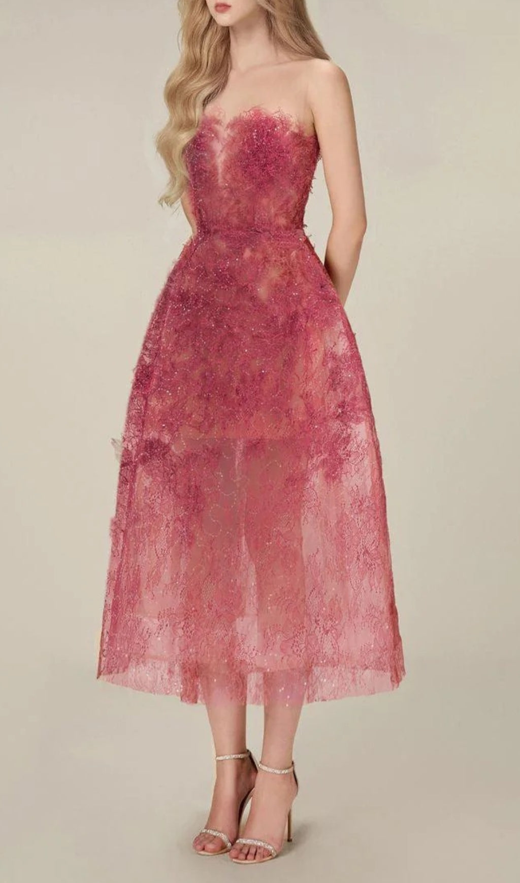 Fashionslee Women Allyson Rose Red Floral Lace Embroider Midi Dress