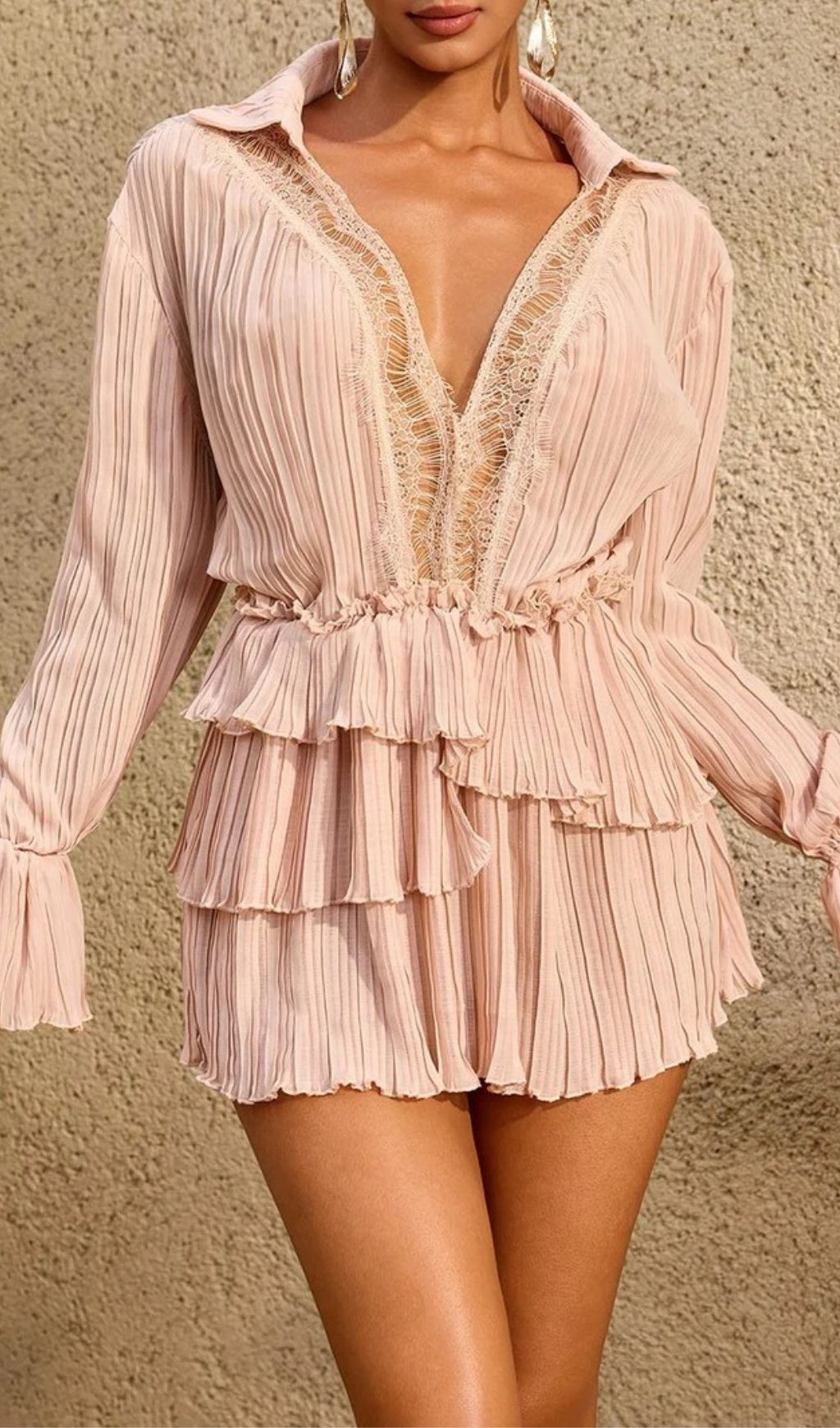 Fashionslee Women Lorthane Plunge Neck Pleated Tiered Mini Dress