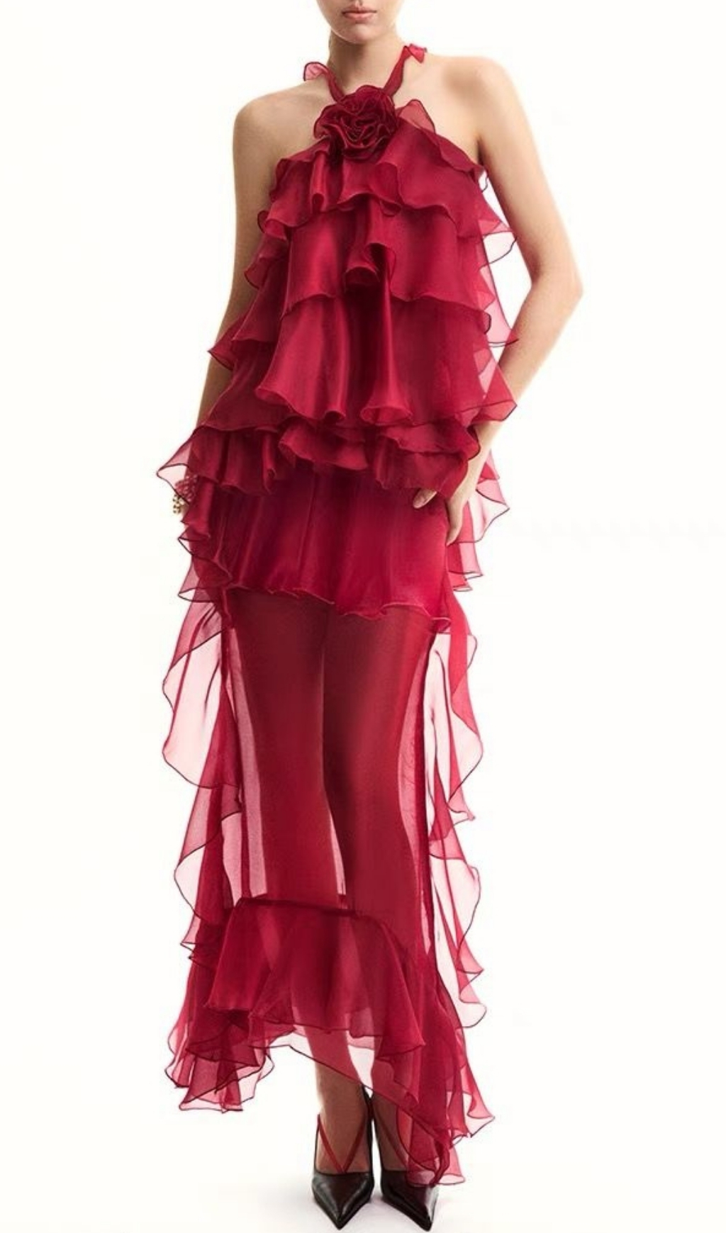 Fashionslee Women Eleri Red Flower Ruffle Maxi Dress
