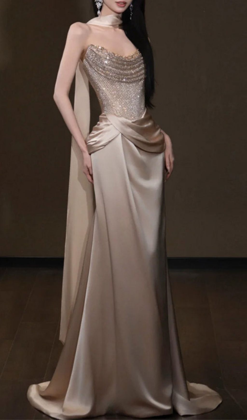 Fashionslee Women Krystal Champagne Strapless Ruched Maxi Dress