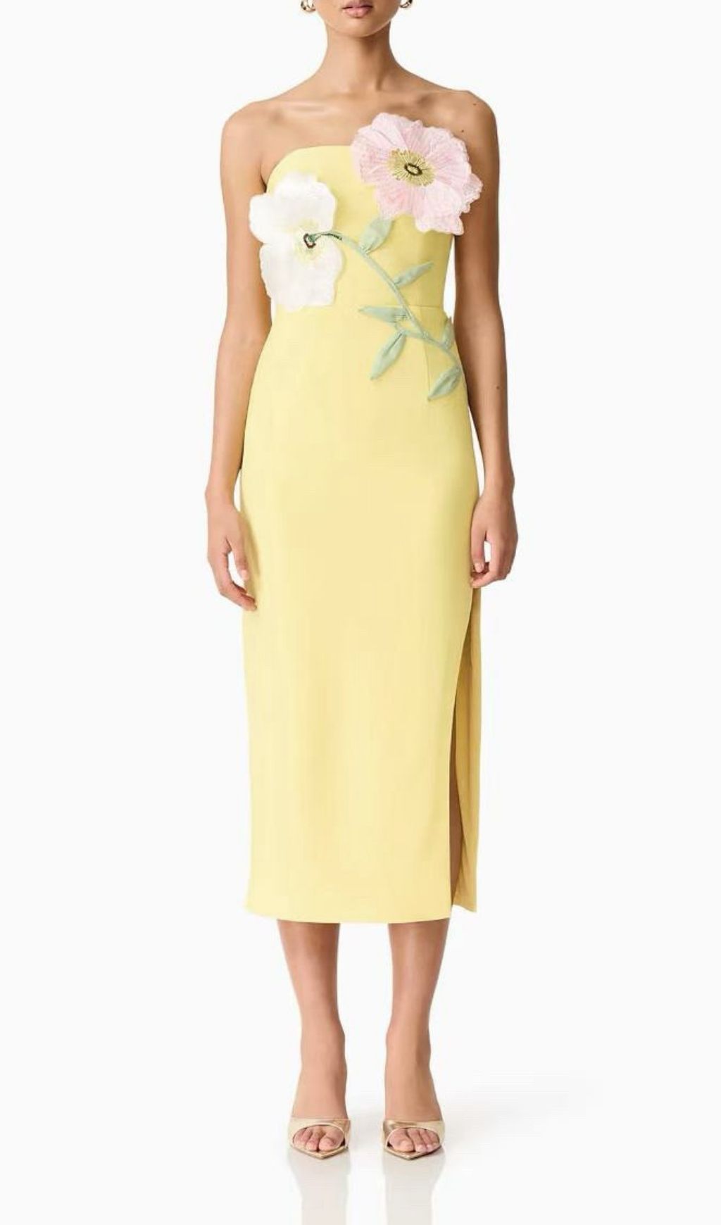 Fashionslee Women Kifle Yellow Strapless Embroidery Flower Midi Dress