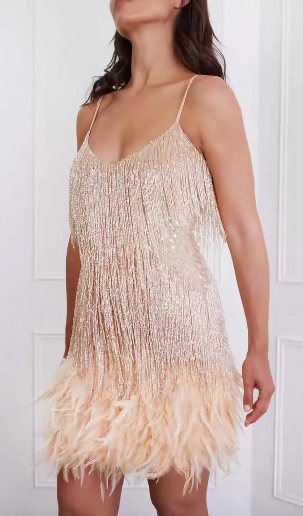 Fashionslee Women Tassel Feather Mini Dress In Beige
