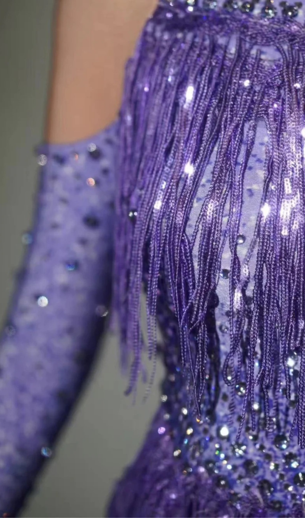 Fashionslee Women Lakendra Long Sleeve Crystal Fringe Bodysuit In Purple