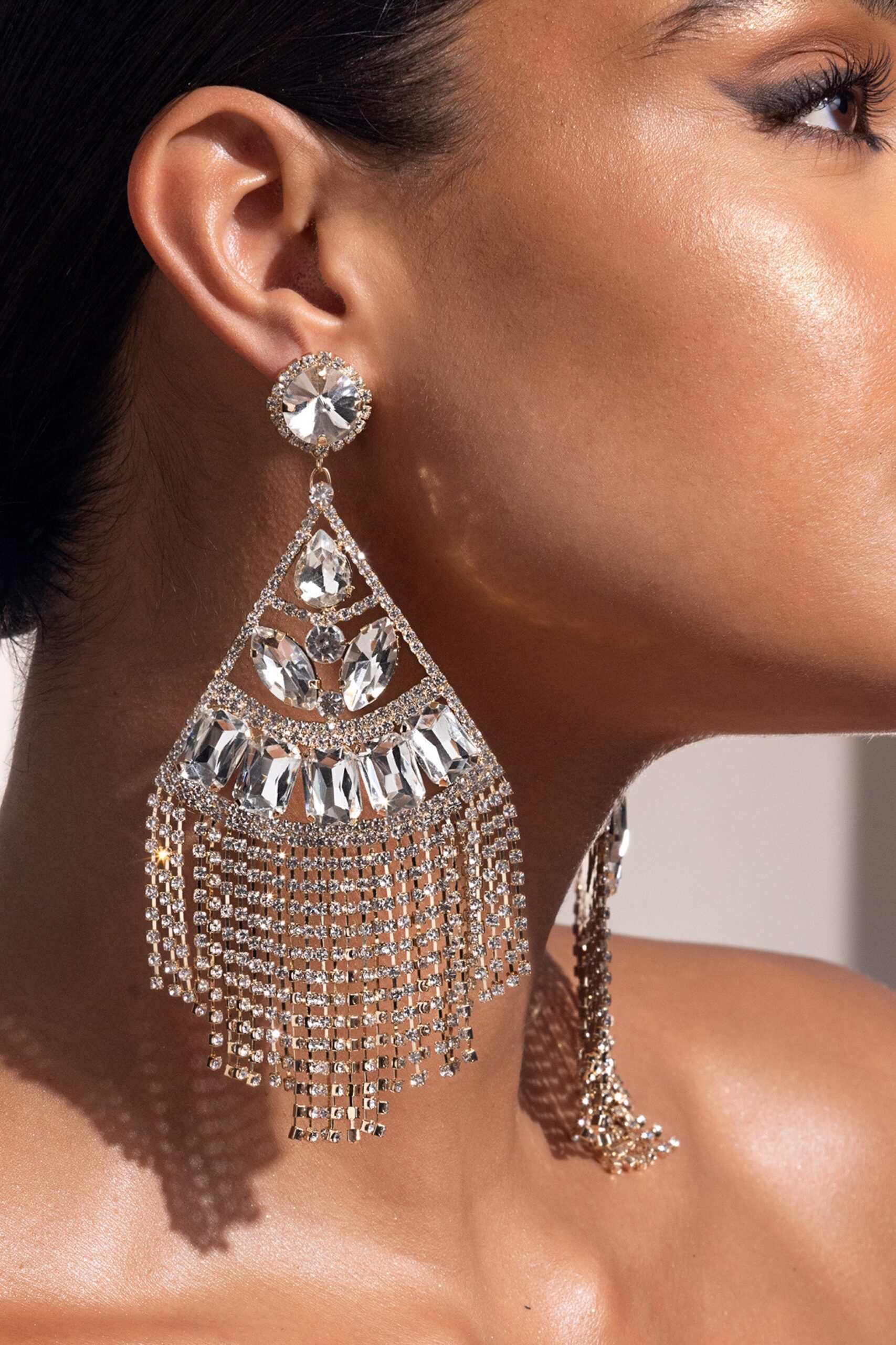 Fashionslee Women Gold Statement Crystal Drop Tassel Earrings