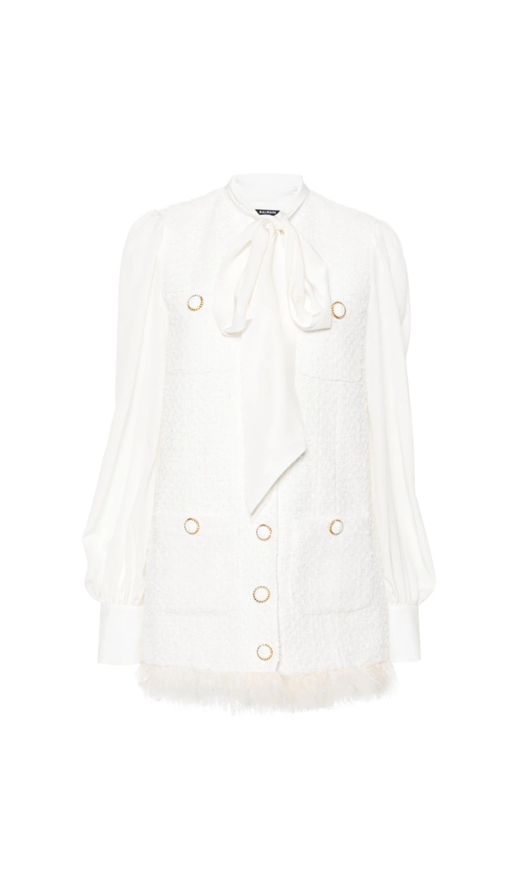 b76b2942786f0e29679d1e027f174b02.jpg Fashionslee Women Bush White Feather-Trim Tweed Mini Dress