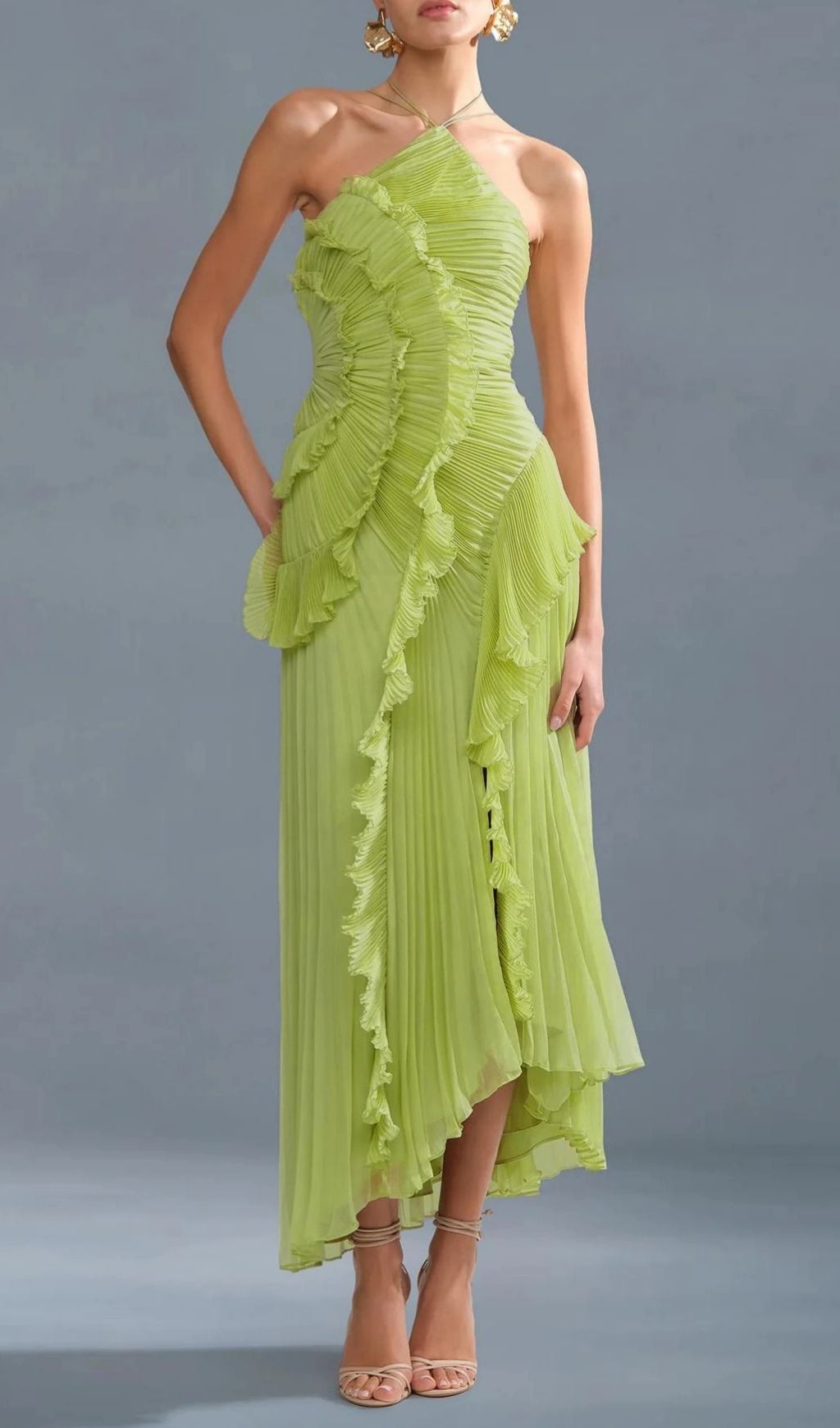 Fashionslee Women Finneas Matcha Halter Pleated Maxi Dress