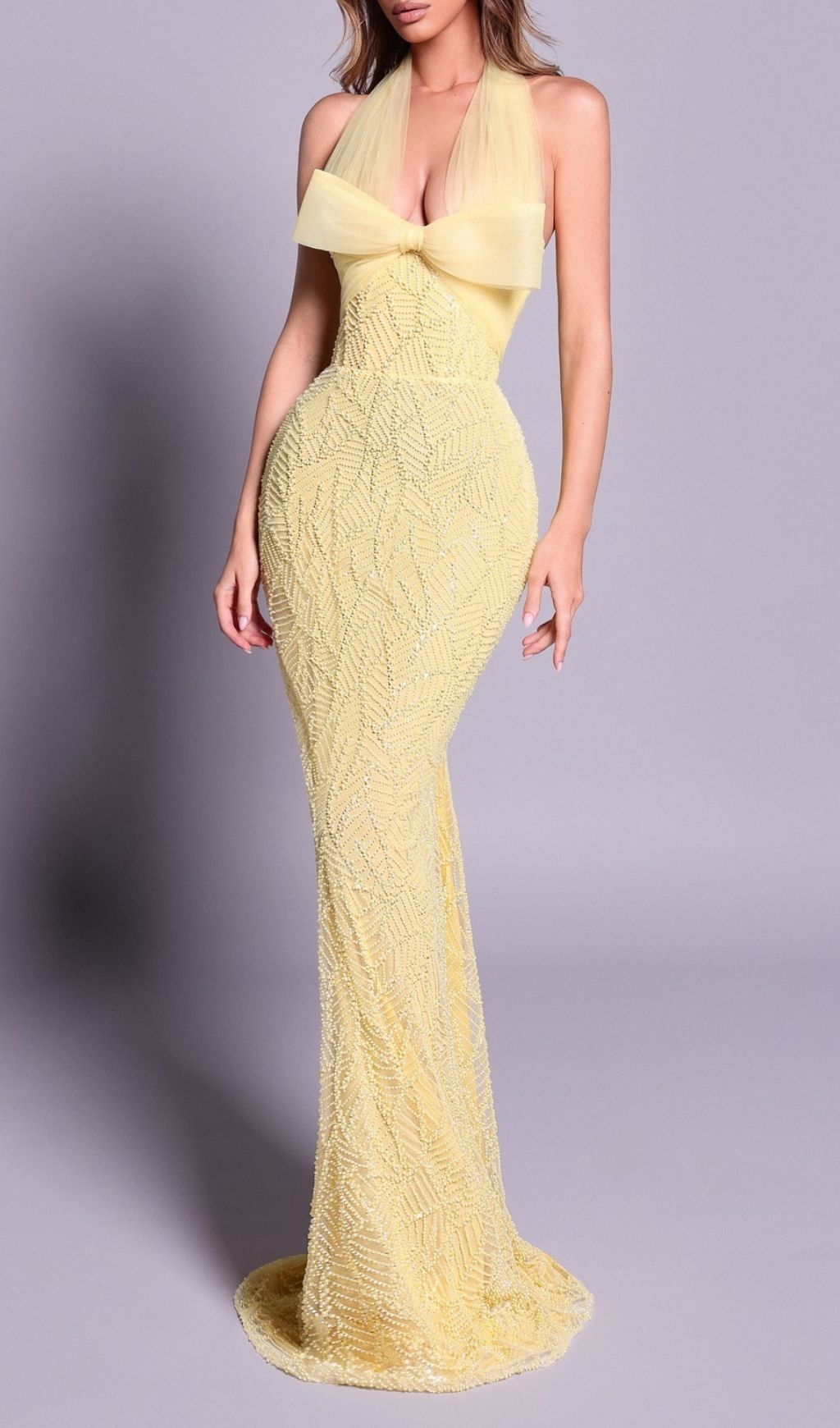 Fashionslee Women Jermaine Yellow Halter Bow Beaded Maxi Dress