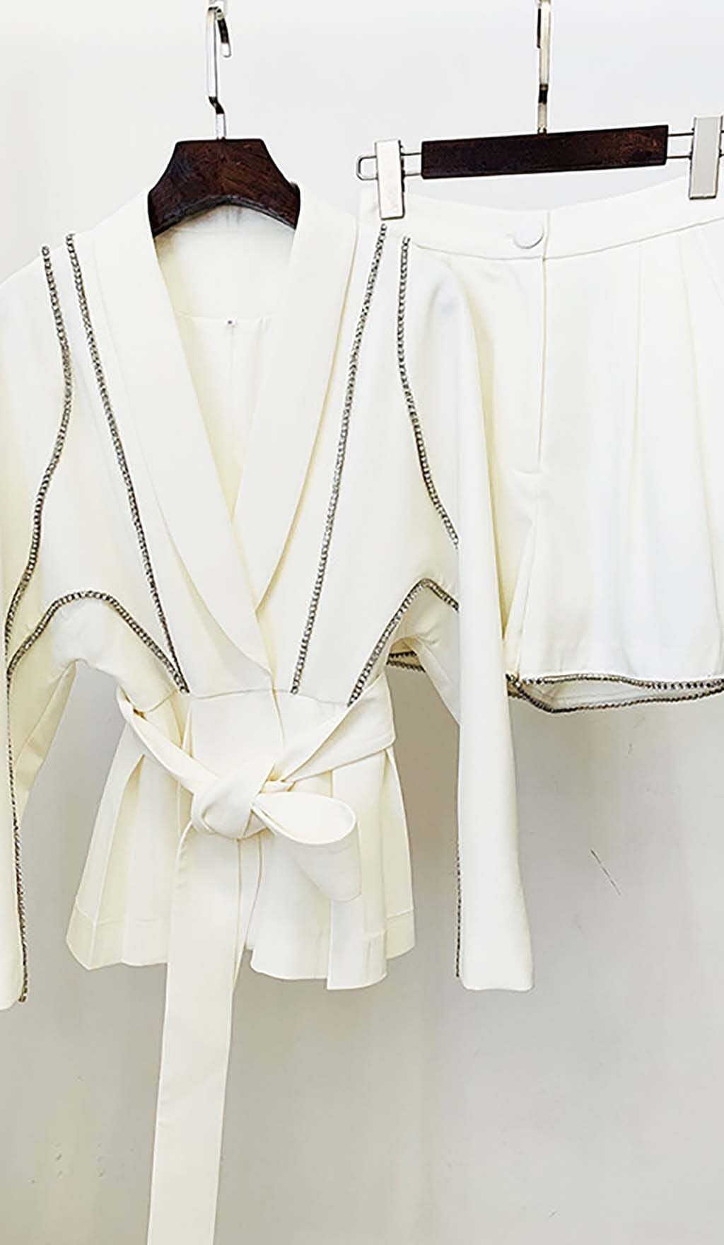 Fashionslee Women Wavy Strass Jacket Set In White