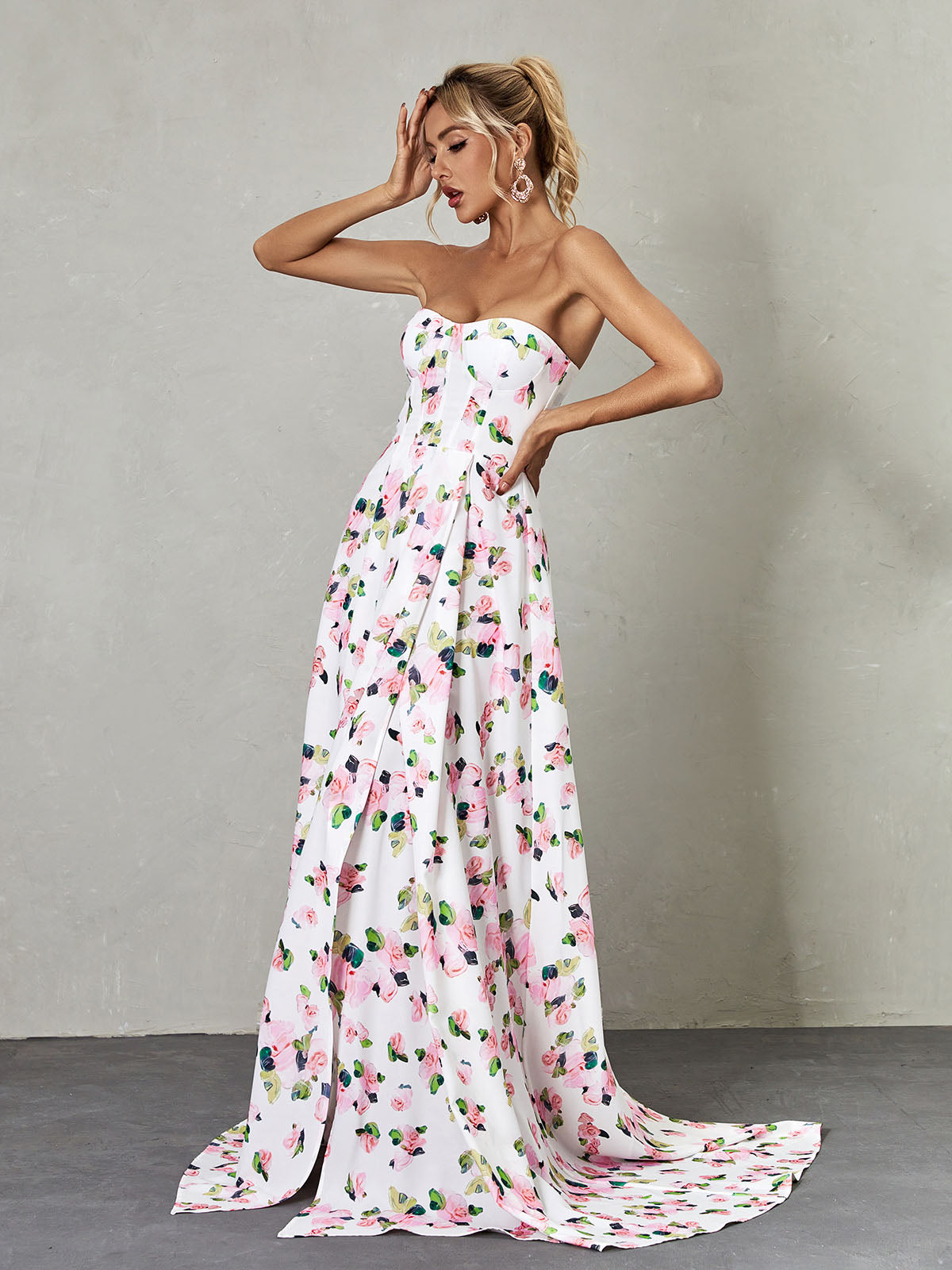 b7f243855f0ba3e651665fff2cde9c62.jpeg Fashionslee Women Strapless Floral Split Maxi Dress