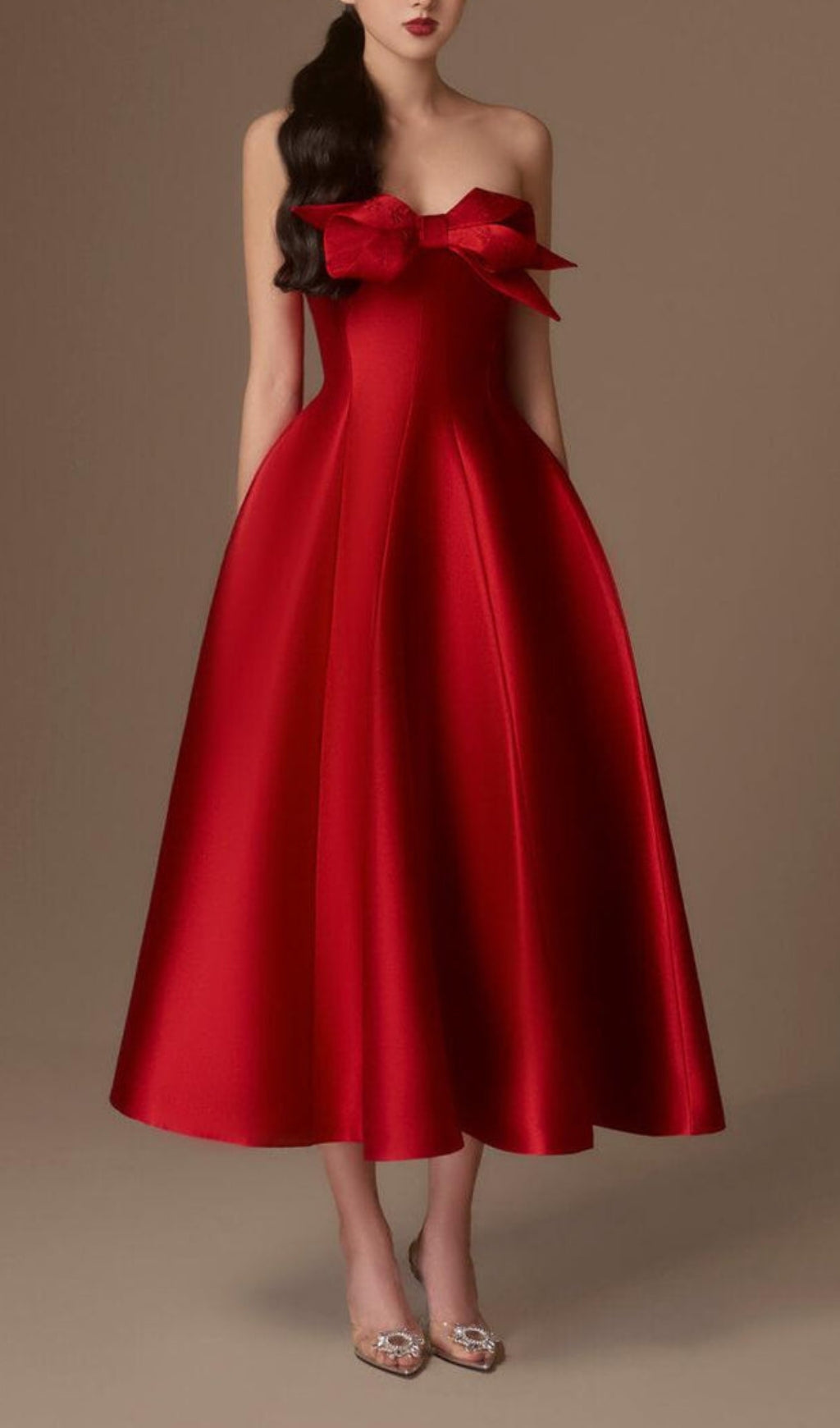 Fashionslee Women Avani Red Flared Semi-Heart Neck Taffeta Dress