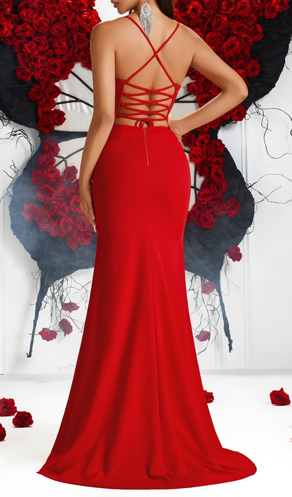 Fashionslee Women Kendyl Red Strappy Slit Maxi Dress