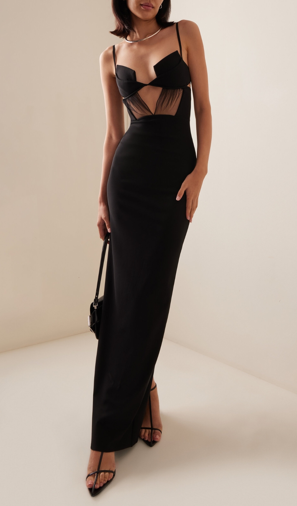 Fashionslee Women Black Mesh Insert Bandage Maxi Dress