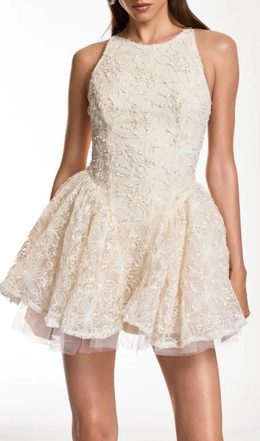 Fashionslee Women Katsumi Halter Lace Flower Mini Dress