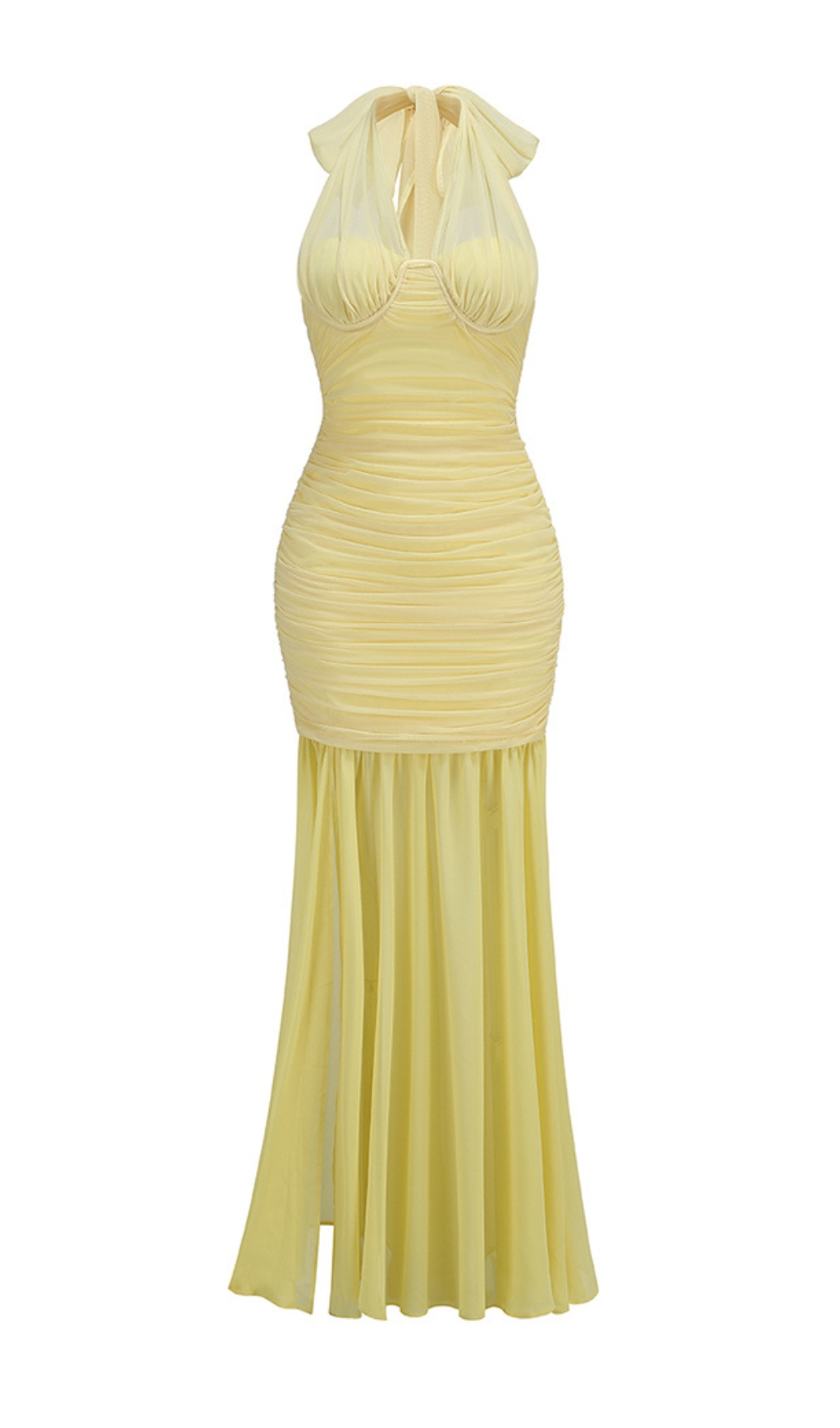 Fashionslee Women Bryony Yellow Halter Ruched Maxi Dress