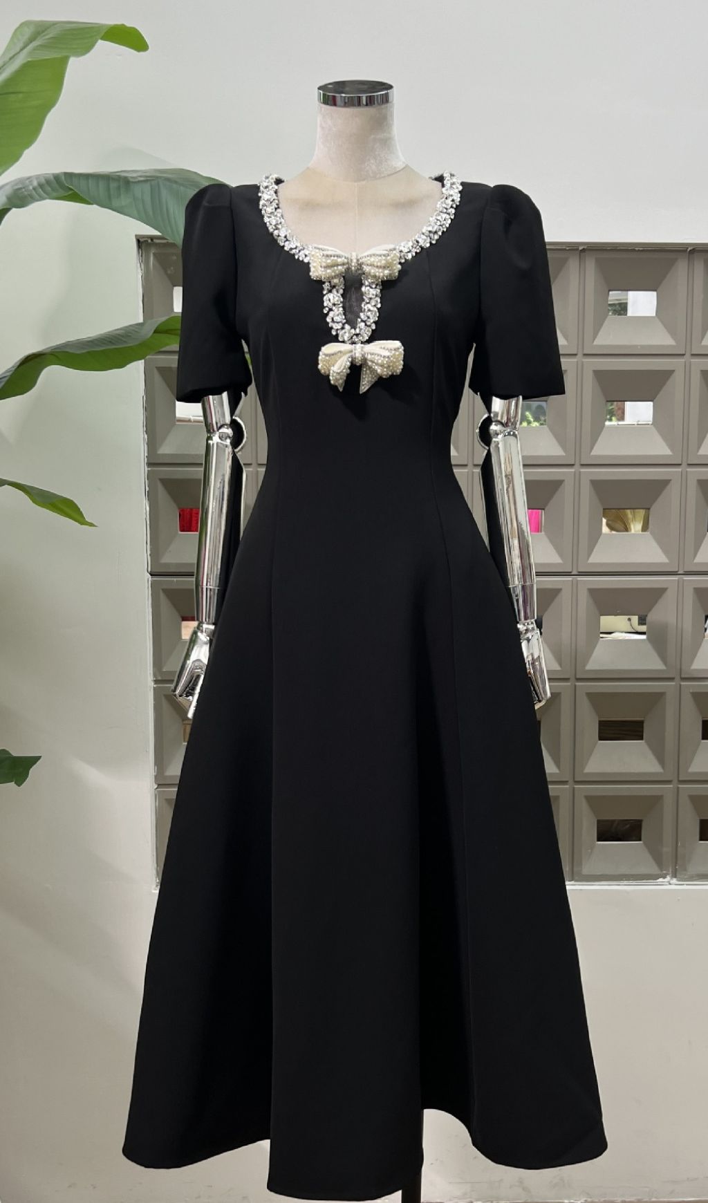 Fashionslee Women Faizah Bow Diamond Beaded Midi Dress