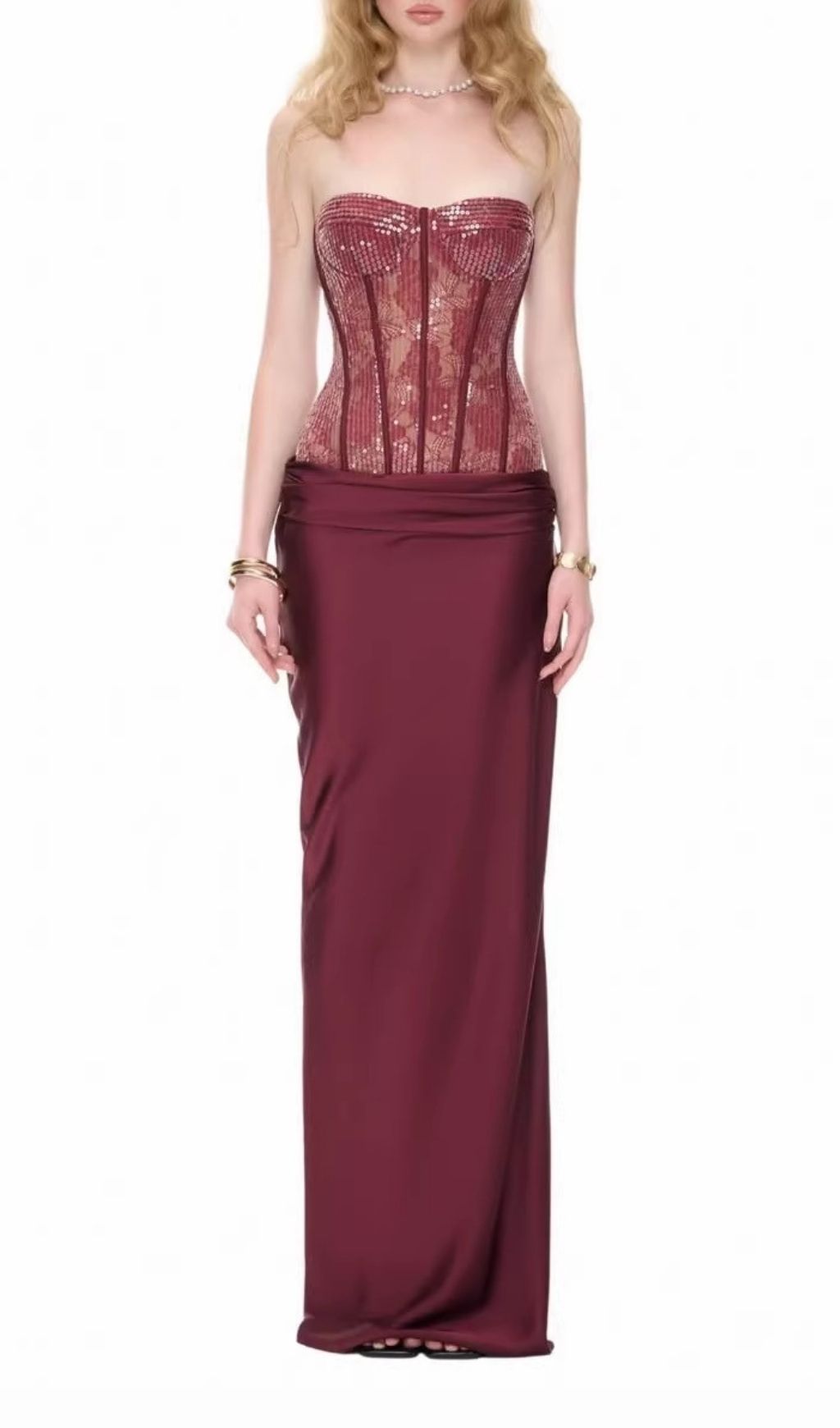 Fashionslee Women Kawthar Red Strapless Sequin Corset Maxi Dress