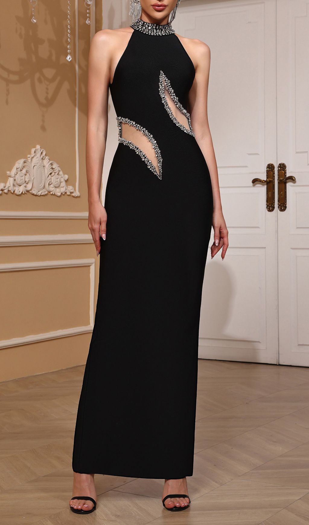 Fashionslee Women Freyja Black Halter Diamante Bandage Maxi Dress