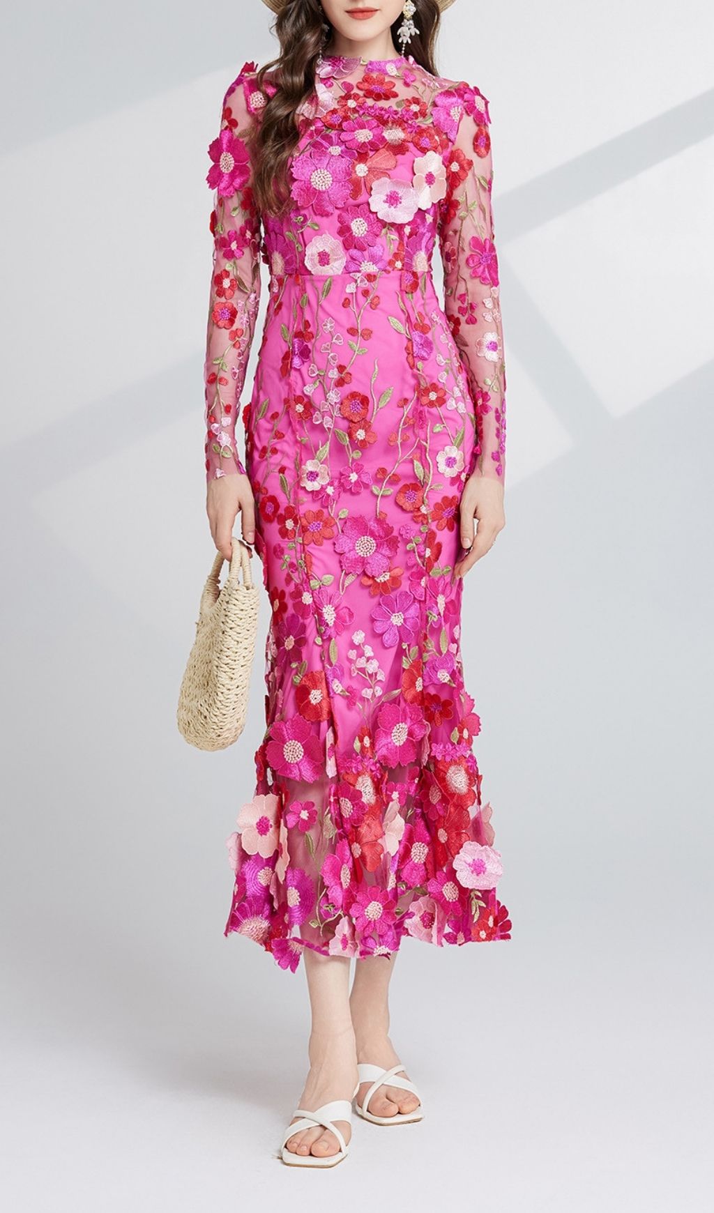 Fashionslee Women Carol Rose Red Floral Embroidery Mesh Fishtail Long Sleeve Midi Dress