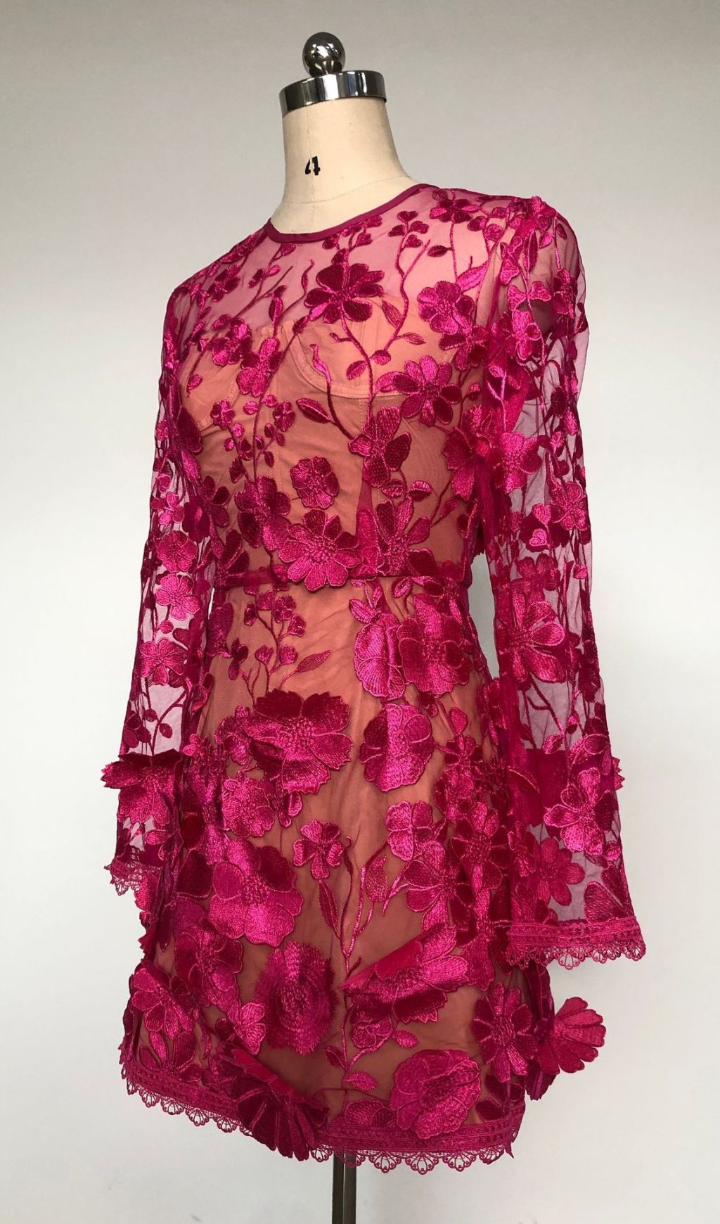 Fashionslee Women Iban Pink Flower Embroidery Long Sleeve Mini Dress