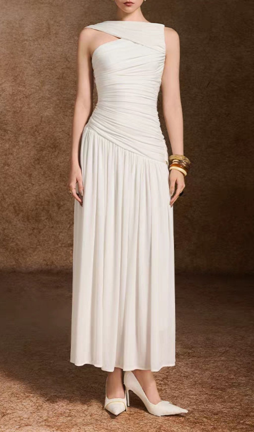 Fashionslee Women Kelsey White Ruched Maxi Dress
