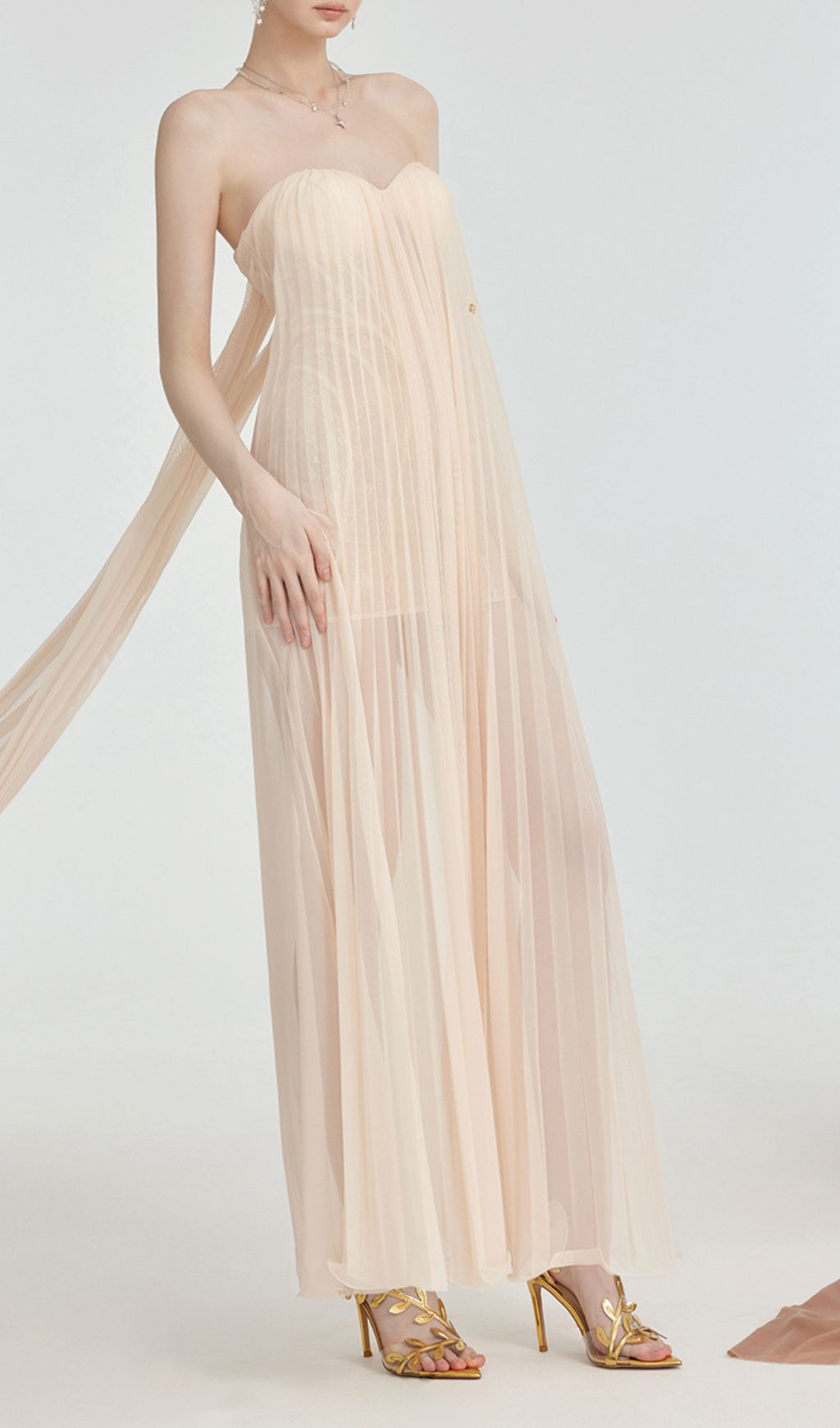 Fashionslee Women Fintan Apricot Strapless Mesh Lace Maxi Dress