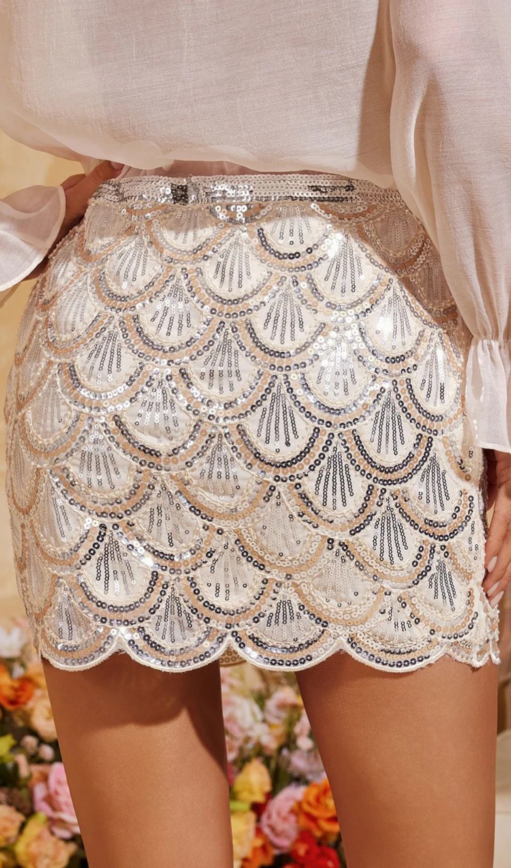 Fashionslee Women Daelorin Wave Sequin Skirt In Apricot