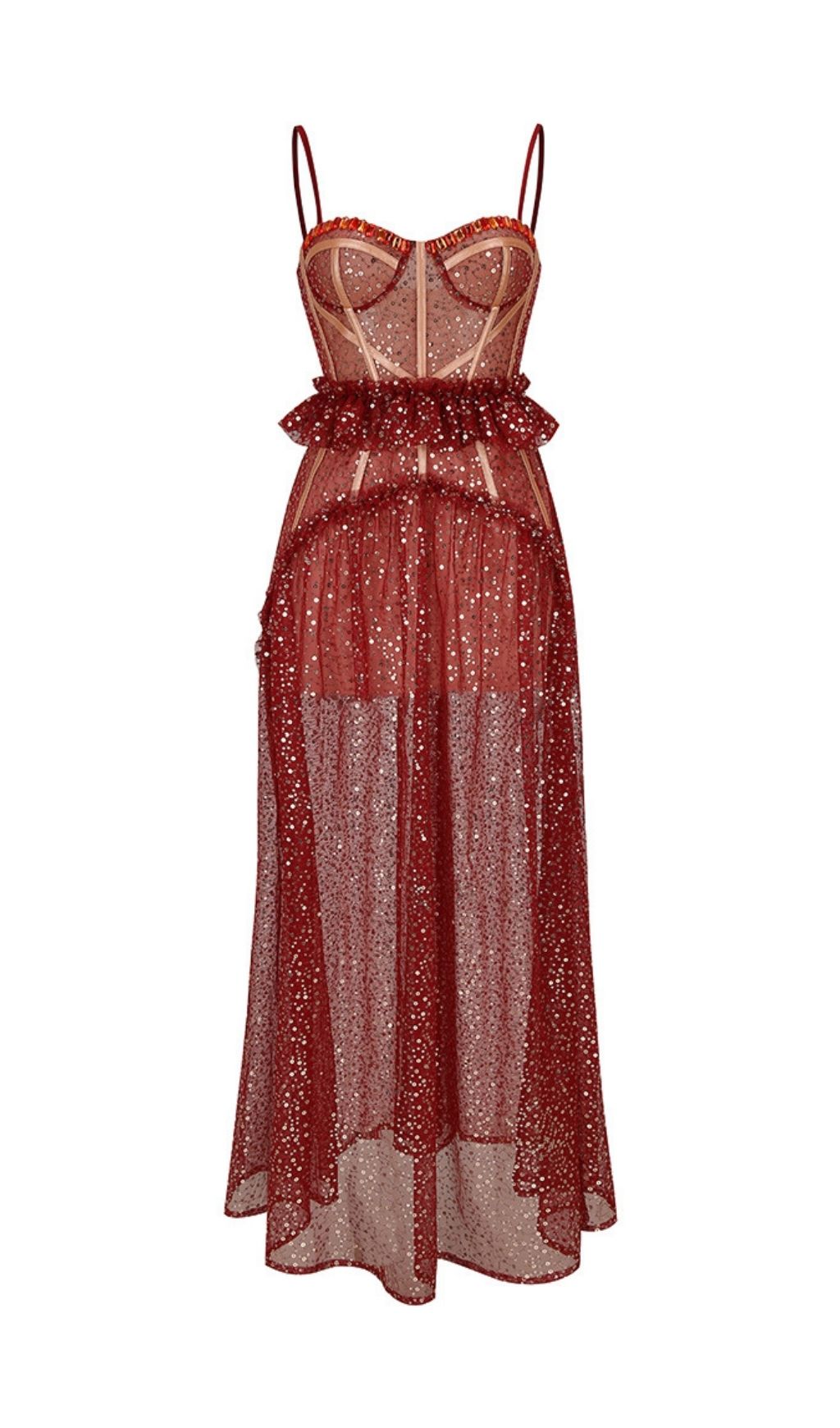 b998f58ed7432bb047523f8f5e0a69f1.jpg Fashionslee Women Korene Red Strappy Sequin Mesh Maxi Dress