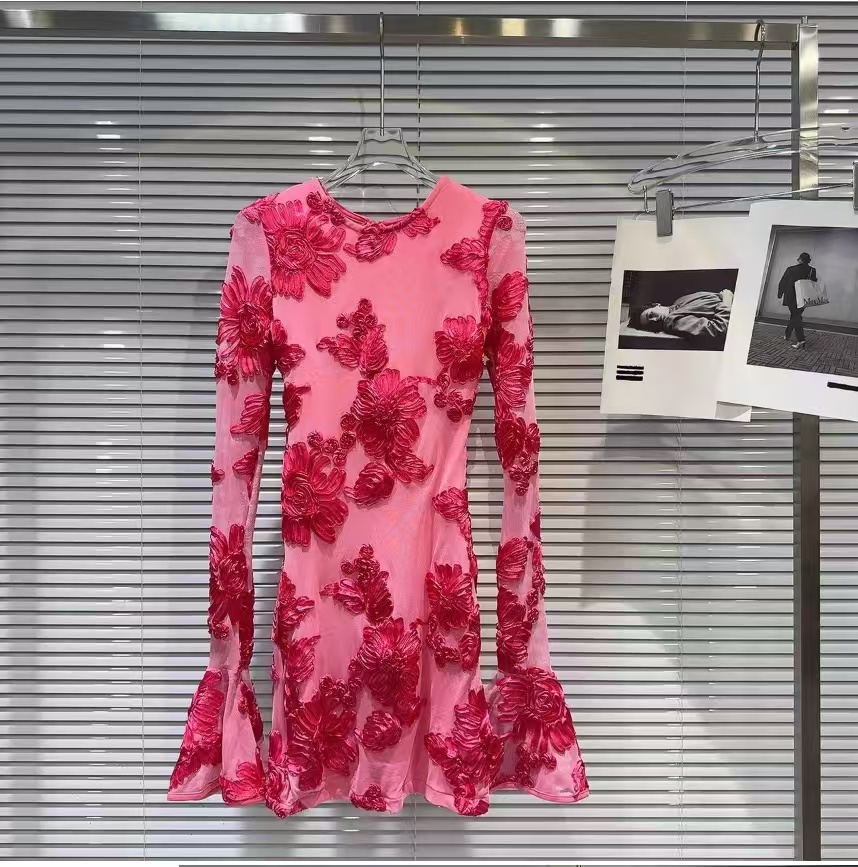 Fashionslee Women Carita Rose Red Flower Long Sleeve Mini Dress