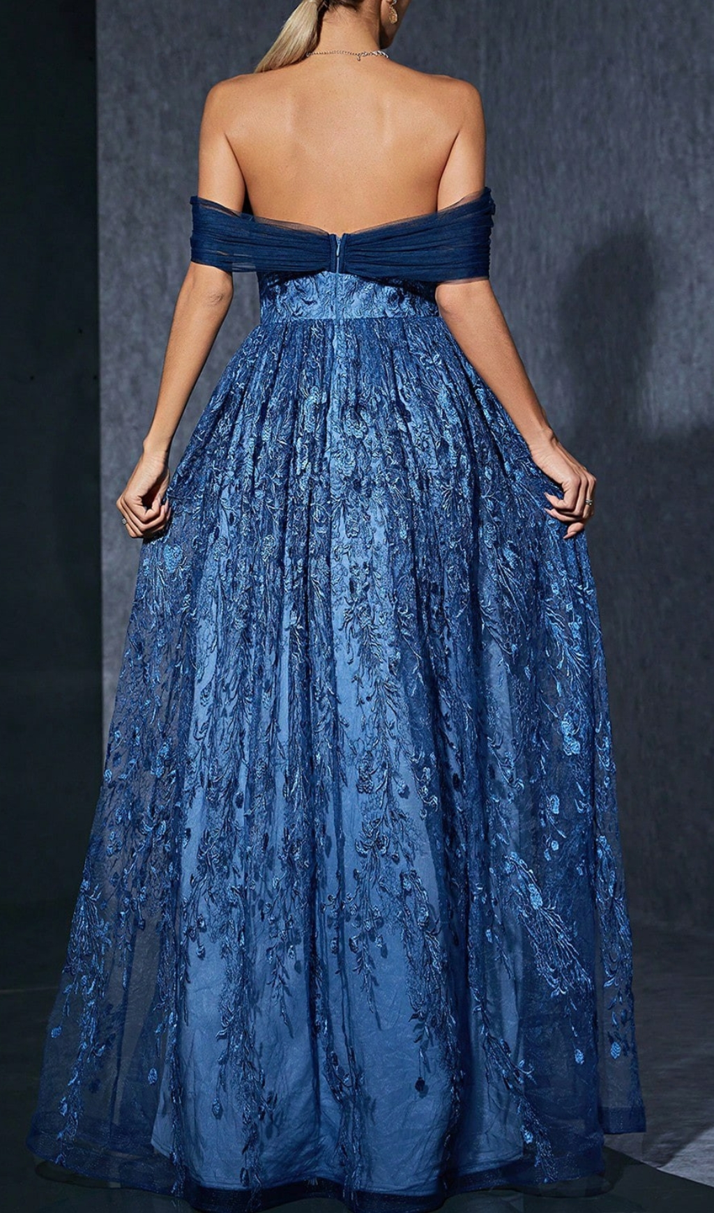 Fashionslee Women Dionne Navy Off-Shoulder Floral Embroidery Maxi Dress