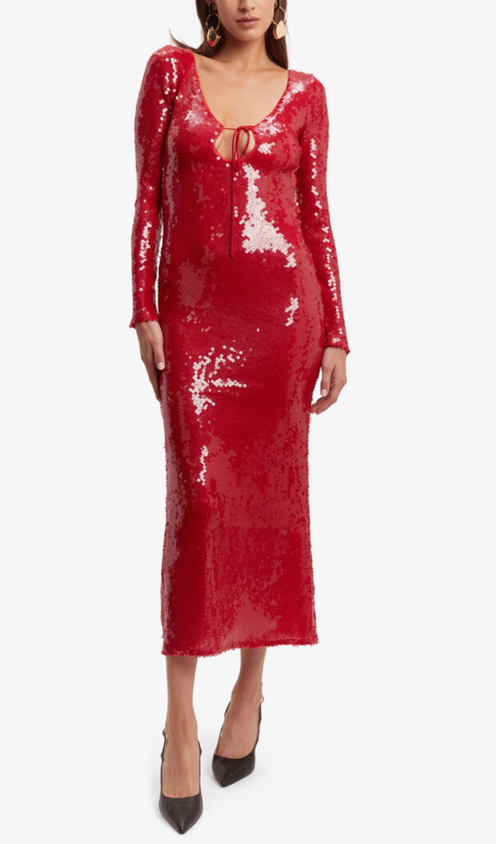 Fashionslee Women Betsy Red Long Sleeve Sequin Midi Dress