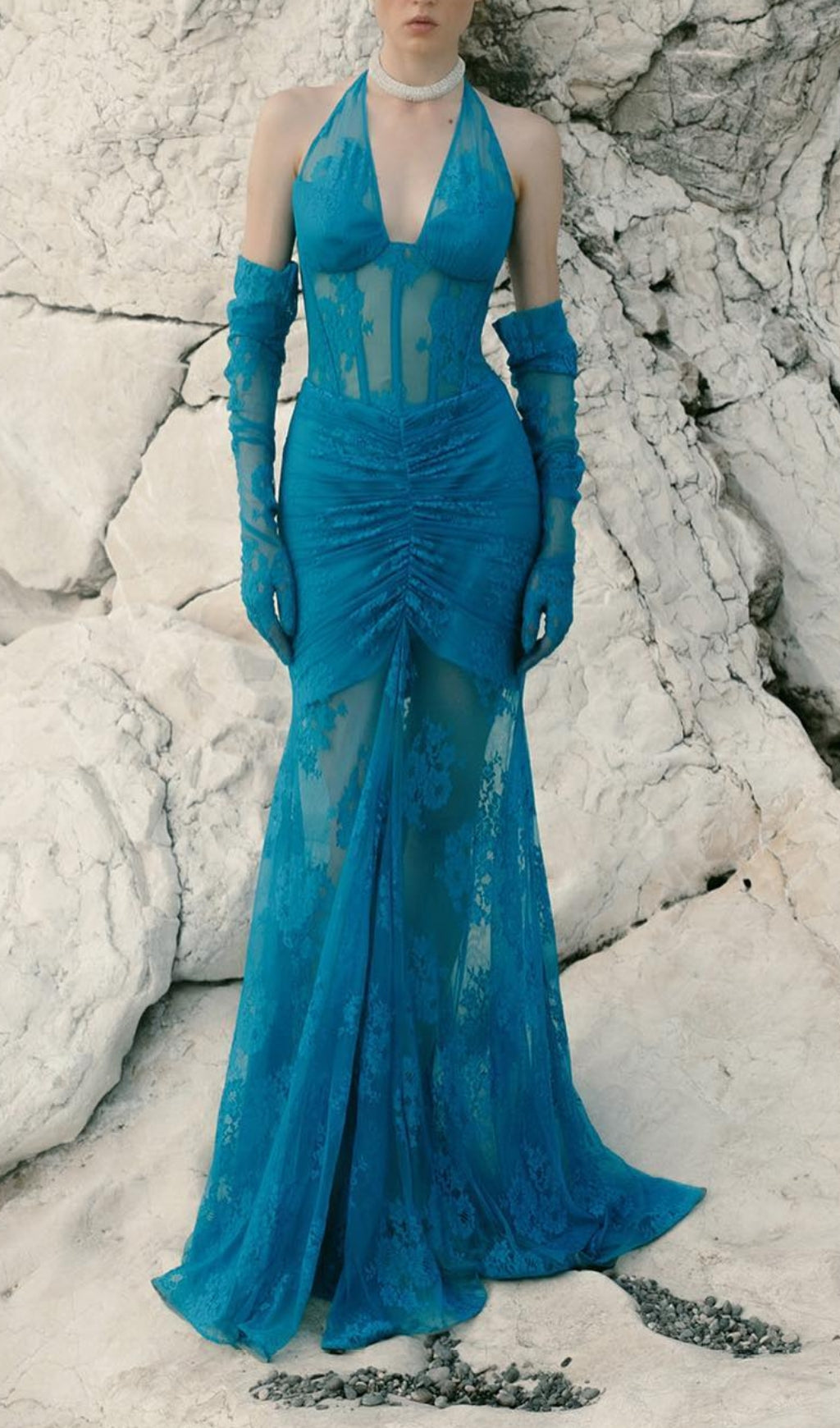 Fashionslee Women Aoife Blue Bustier Floral Lace Gown