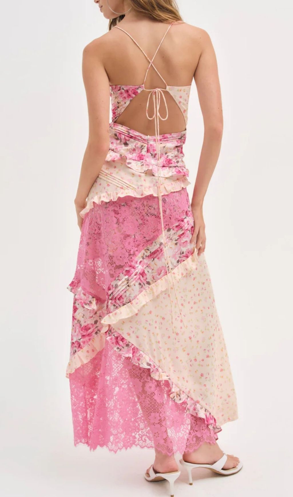 Fashionslee Women Georgia Coral Red V Neck Floral Print Lace Maxi Dress