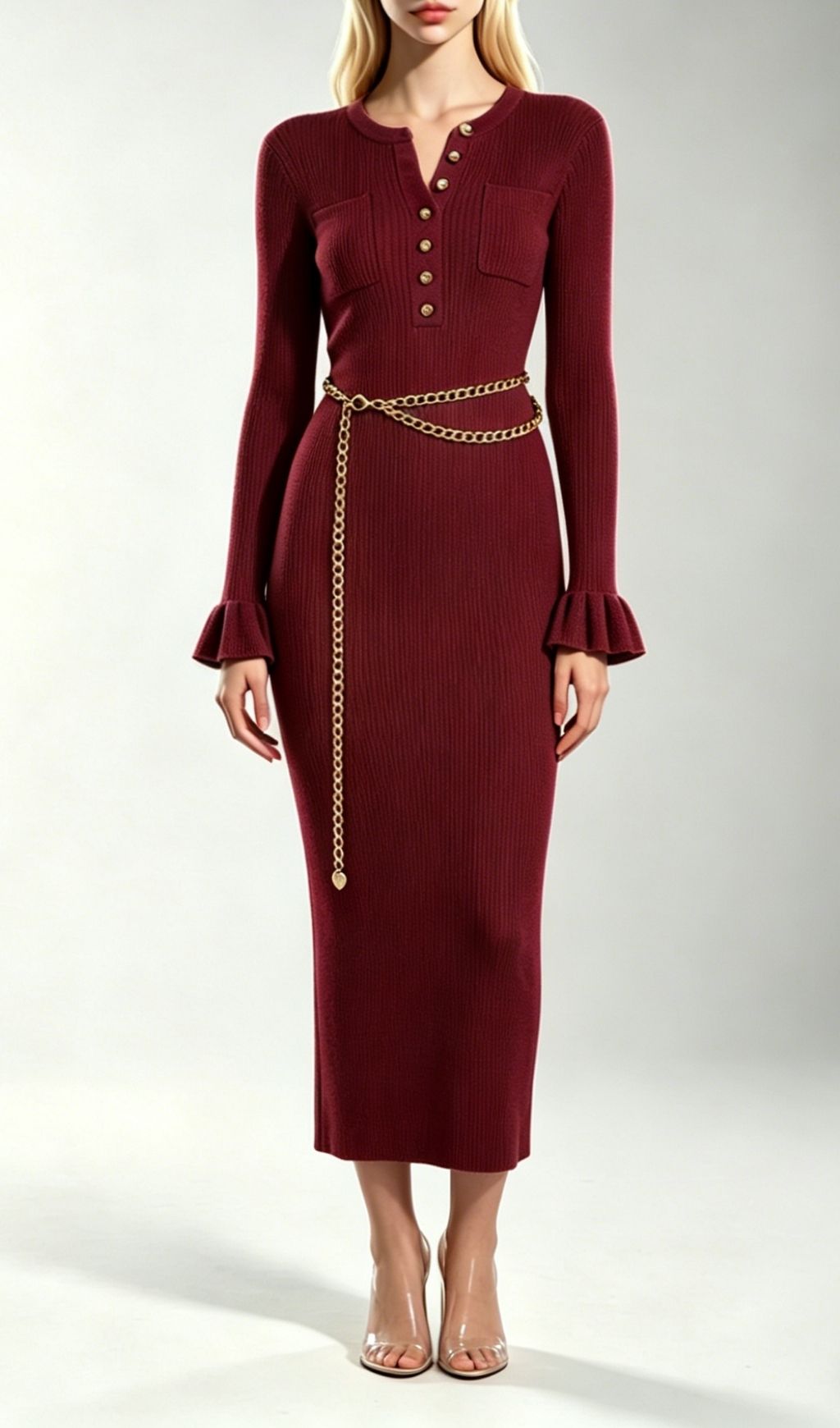 Fashionslee Women Kimani Wine Knit Long Sleeve Dress With Chain
