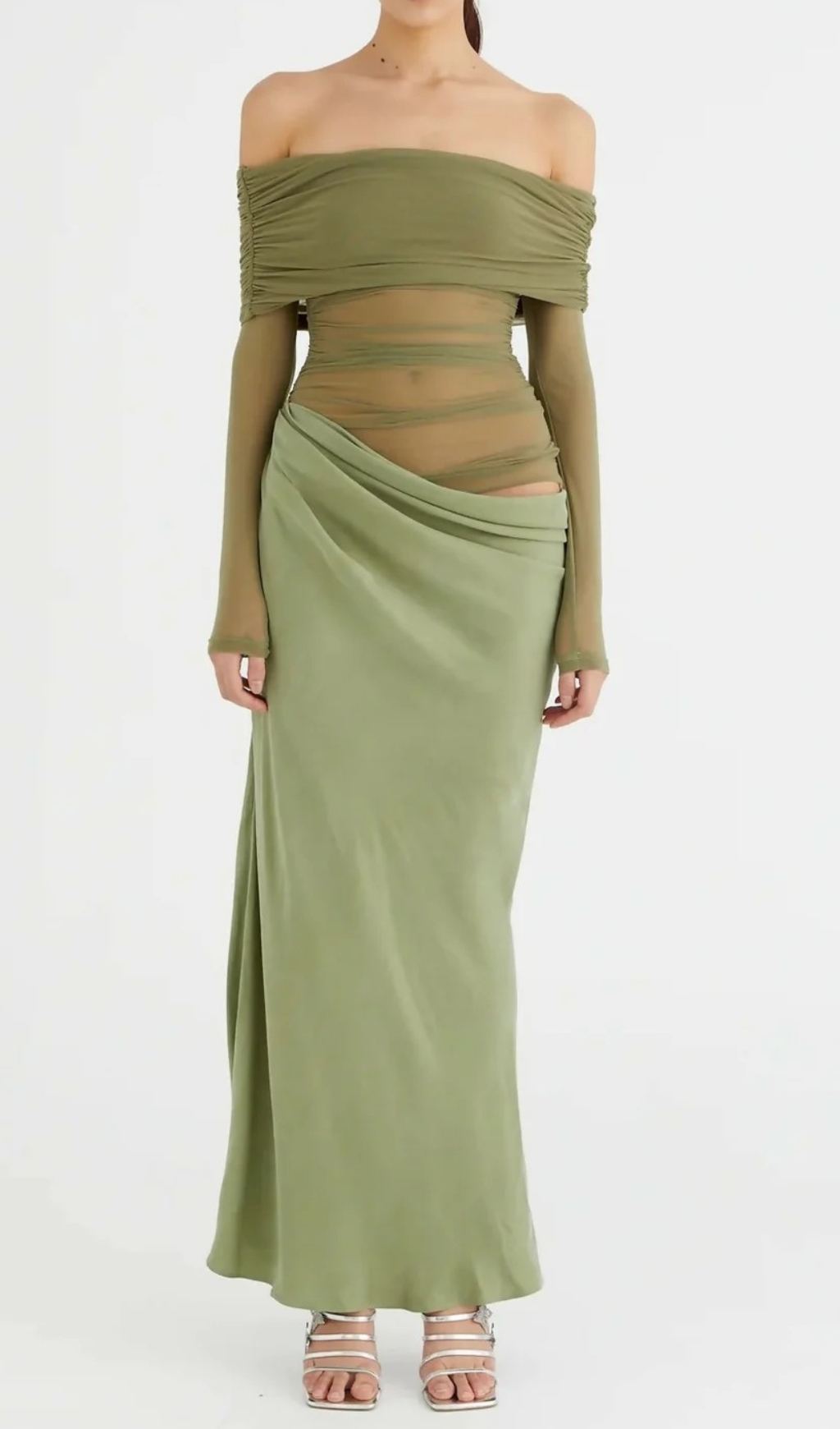 Fashionslee Women Dawood Green Off-Shoulder Long Sleeve Mesh Maxi Dress