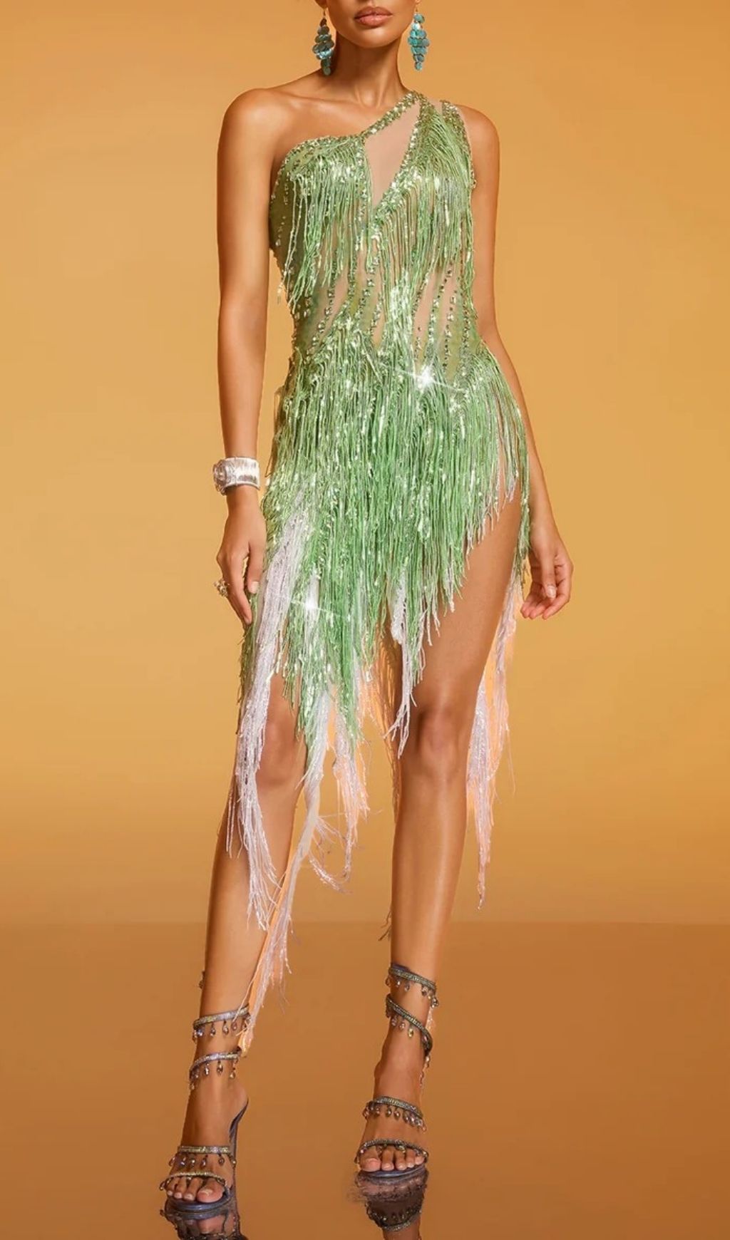 Fashionslee Women Divya One Shoulder Crystal Fringe Split Dress