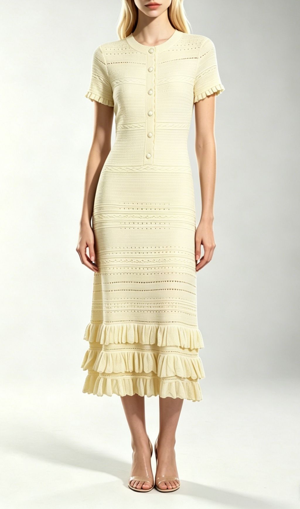 Fashionslee Women Kia Pale Yellow Short Sleeve Ruffle Midi Dress